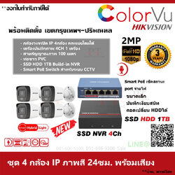 ชุด 4 กล้อง กล้องวงจรปิด IP Hikvision Dual ColorVu ภาพสีตลอด 24 ชม. บันทึกภาพพร้อมเสียง ความละเอียด 2MP 1TB SSD