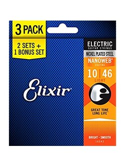 Elixir 16542 Nanoweb Light Electric Guitar Strings, 10-46, 3-Pack