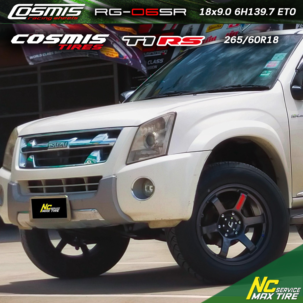 NCชลรีวิว.EP251 ISUZU D-MAX Cosmis : RG-06SR 18x9.0 6H139.7 ET0 ล้อแม็กสีกันเงาทั้งวงCNCตัวหนังสือแดง Cosmis Tire T1RS 265/60R18