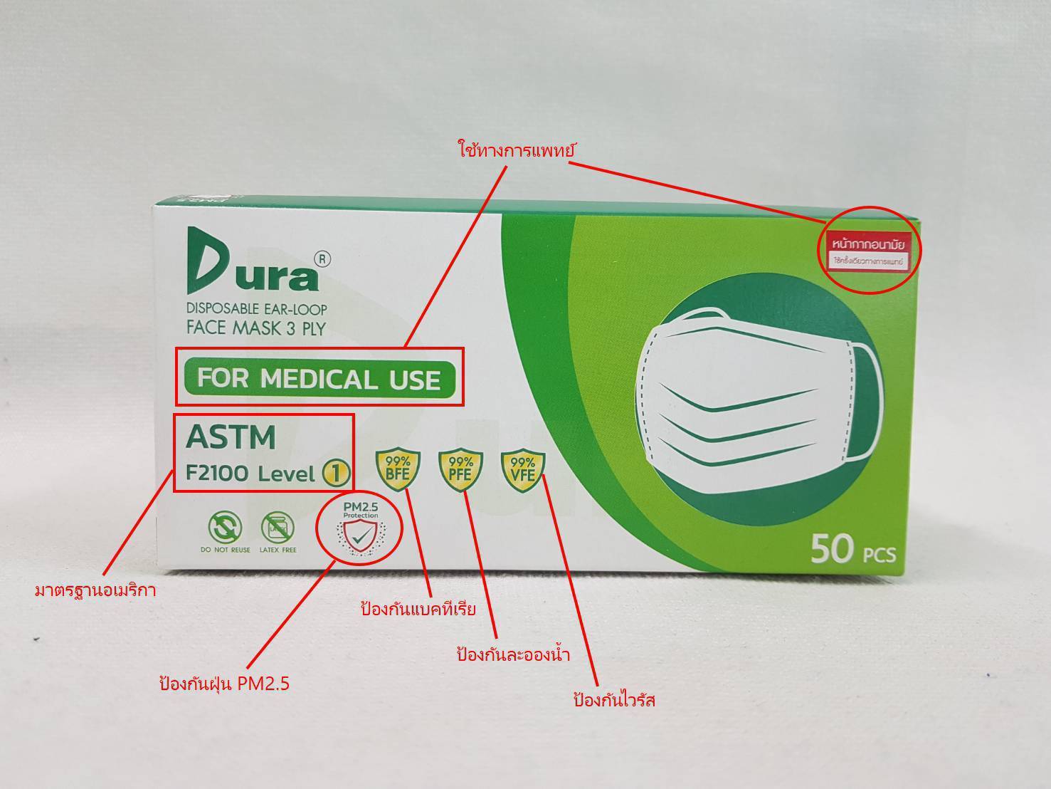 หน้ากากอนามัยทางการแพทย์ ยี่ห้อ DURA(ยกลัง 20 กล่อง)***ของแท้ เกรด รพ.