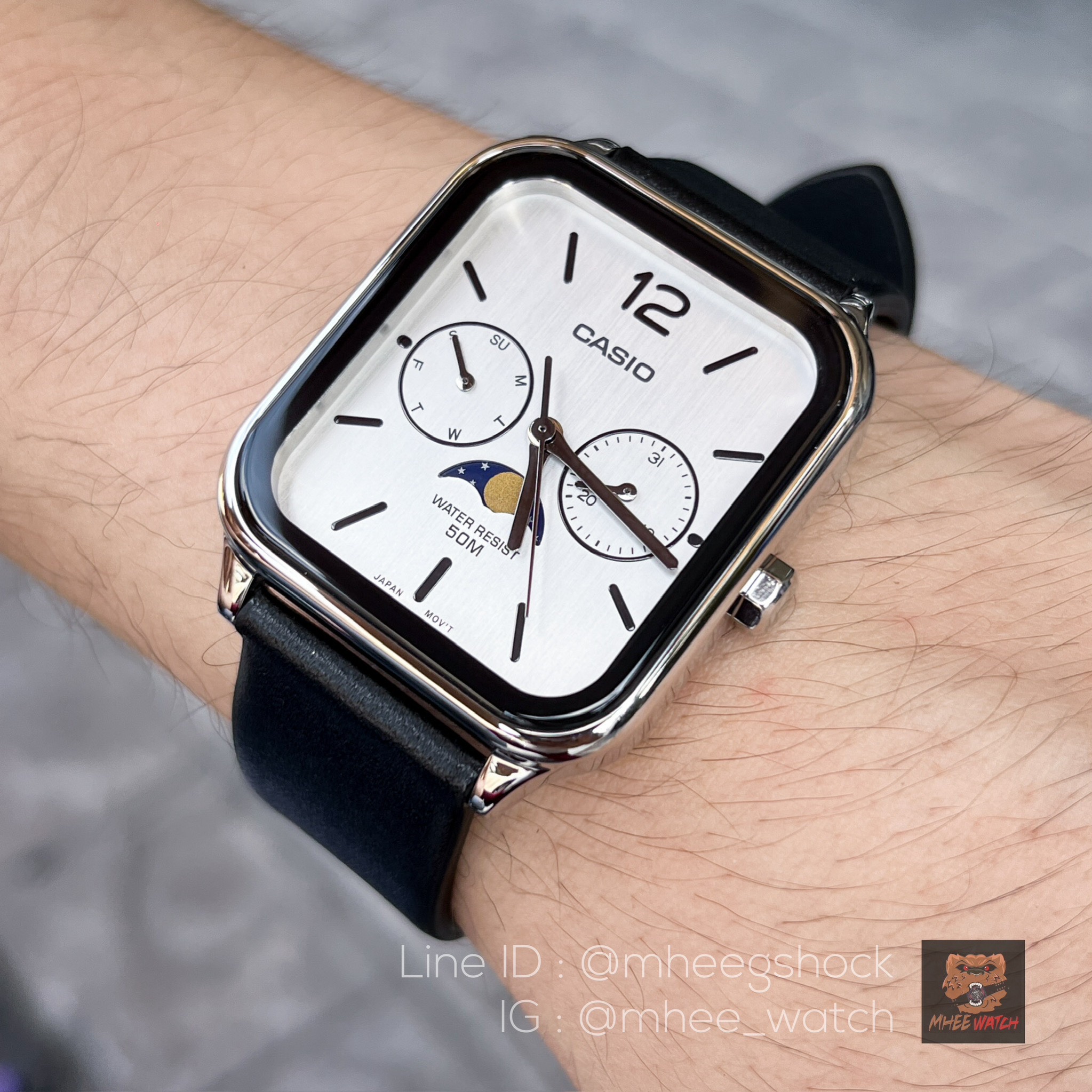 Casio Moon Phase White Dial Black Leather Strap