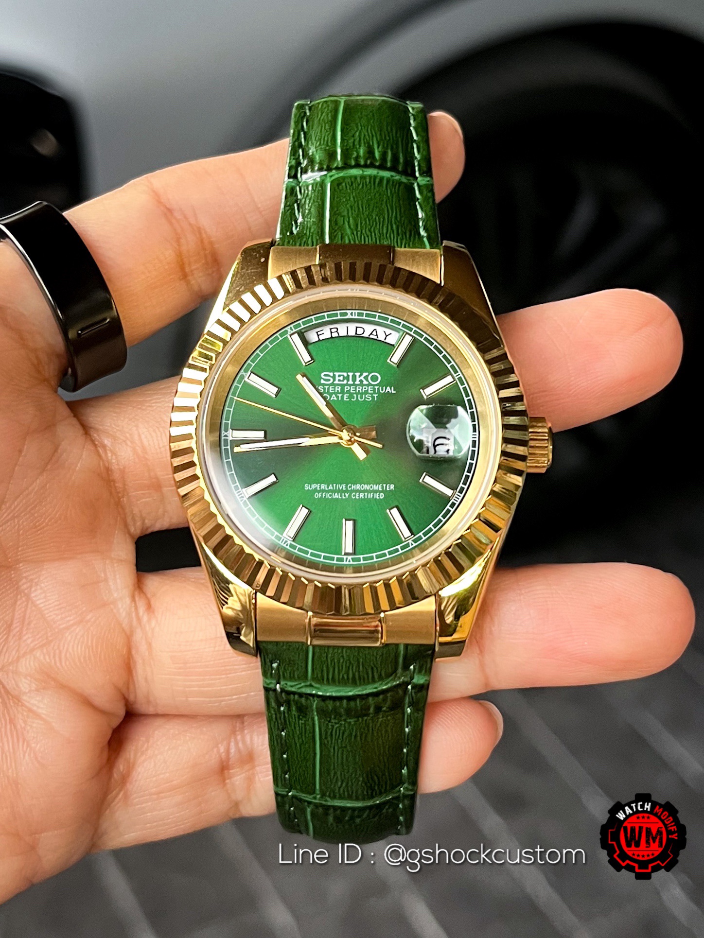 Seikomod Datejust Daydate Loki Golden Green Leather Strap
