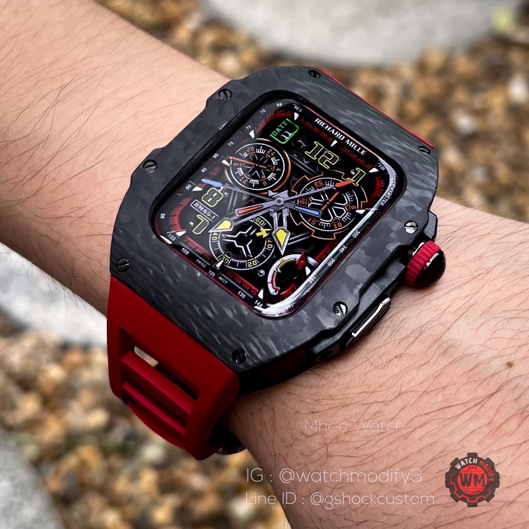 Case Apple Watch Band Real Black Carbon Fiber With Red Rubber Straps for 44,45MM