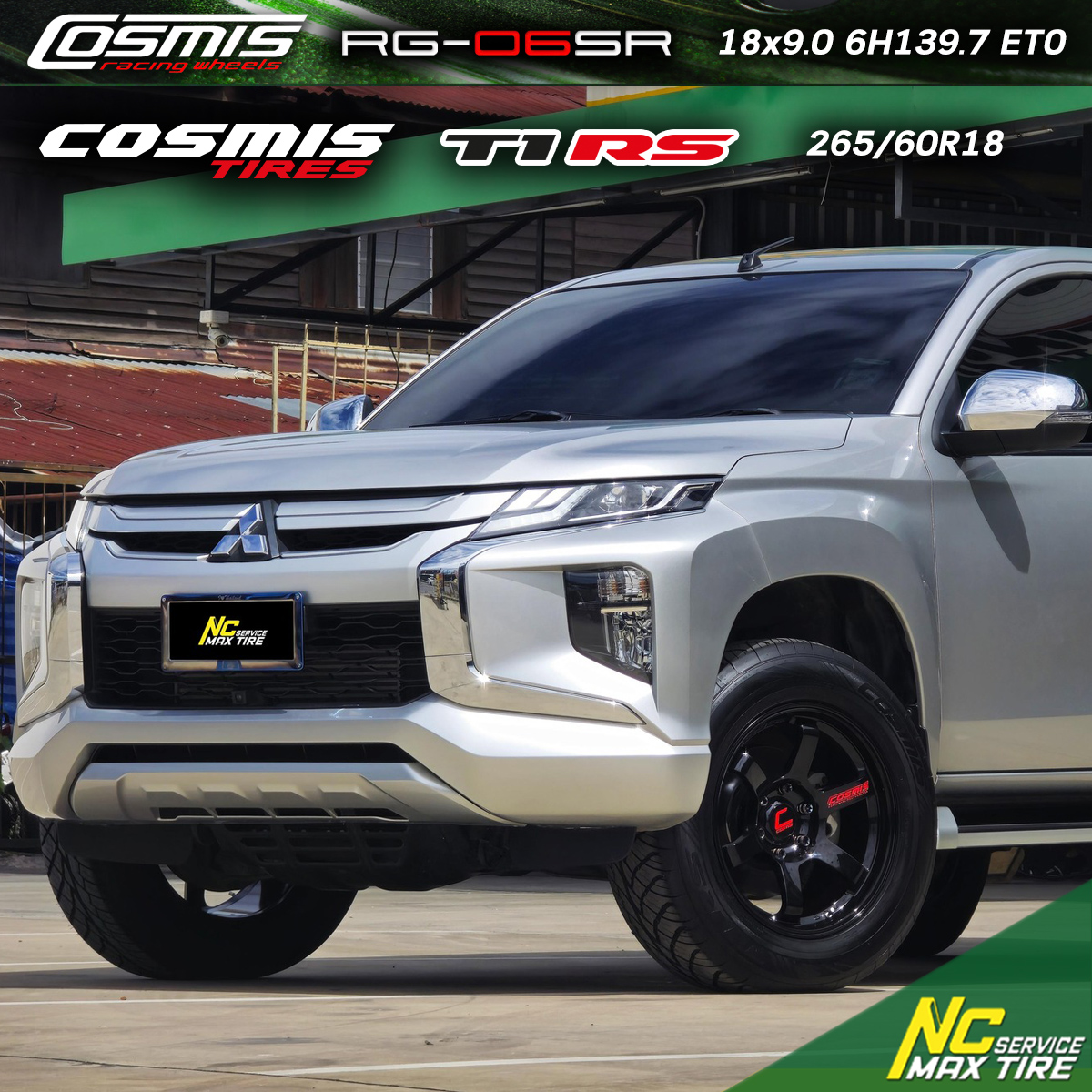 NCชลรีวิว.EP256 Mitsubishi Triton Cosmis : RG-06SR 18x9.0 6H139.7 ET15 ล้อแม็กสีดำเงาทั้งวงตัวหนังสือแดงที่ก้าน Custom Color Cosmis Tire T1RS : 265/60R18 น็อตCOSMIS RACING LUG NUT สี RAINBOW