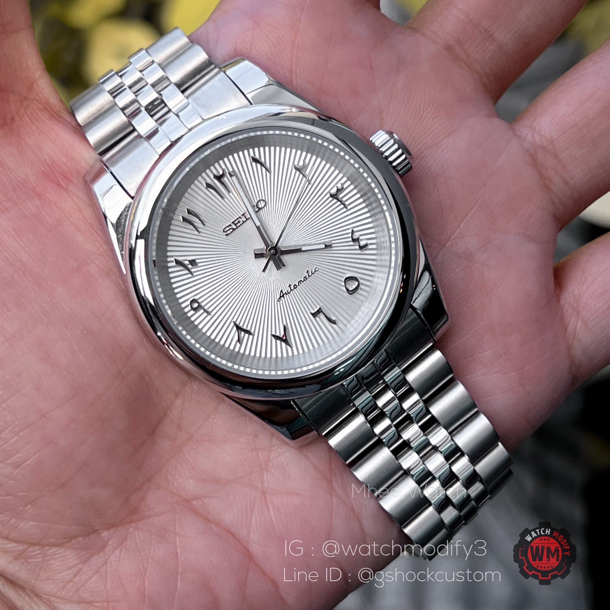 Seiko Mod Date just Silver Arabic Dial With Jubilee Strap Automatic Movement