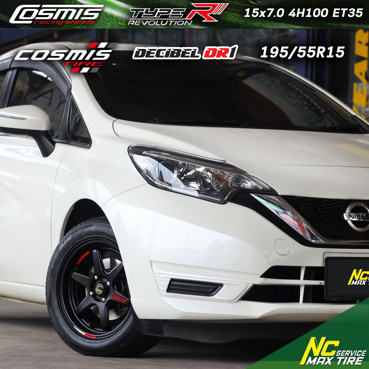 ล้อแม็กขอบ15 / ล้อแม็กสำหรับรถเก๋ง / Nissan Note / Cosmis / Type-R / Revolution / 15x7.0 4H100 ET35 / ล้อแม็กสีดำด้านทั้งวง+เพลท / Decibel DR1 / 195/55R15 / ล้อแม็กสวยๆ / NC