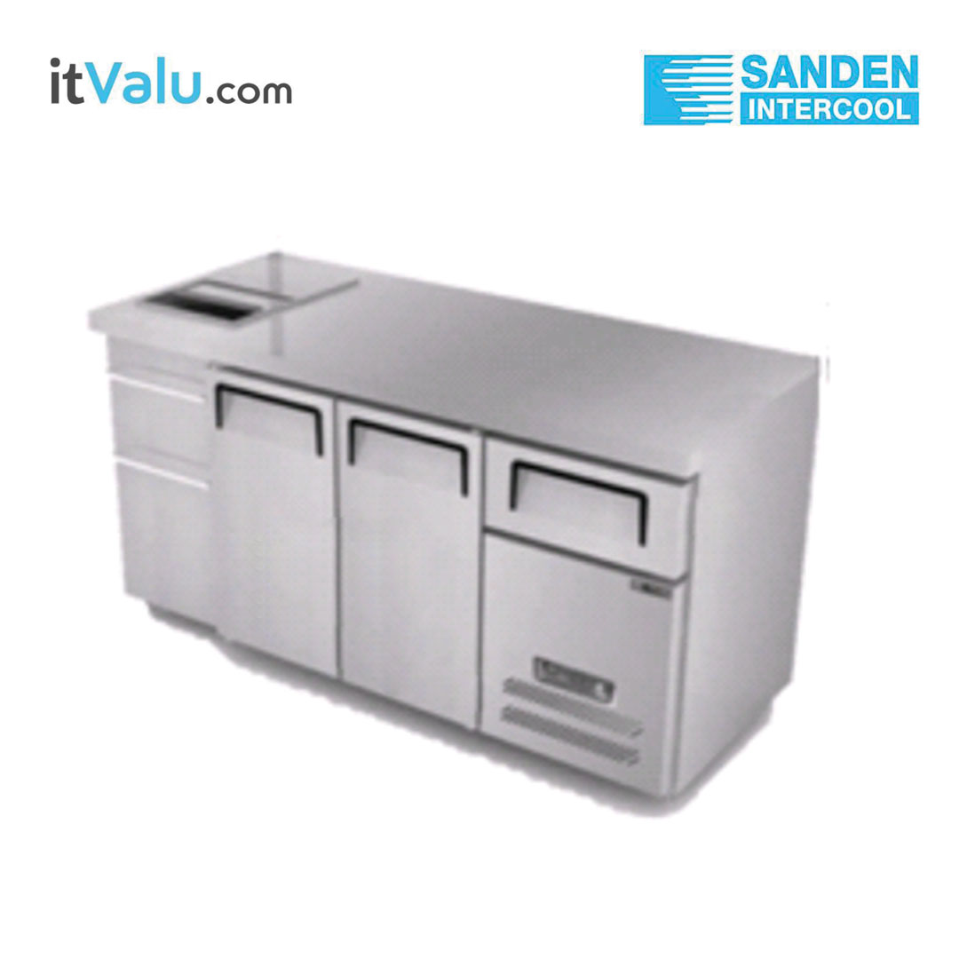 ตู้แช่เคาน์เตอร์สแตนเลส Sanden พร้อมถังน้ำแข็งและลิ้นชัก รุ่น STK3-1806AR ความจุ 286 ลิตร กว้าง 180 ซม. ลึก 65 ซม. สูง 85 ซม. รับประกันความเย็น 1 ปี รับประกันคอมเพรสเซอร์ 1 ปี