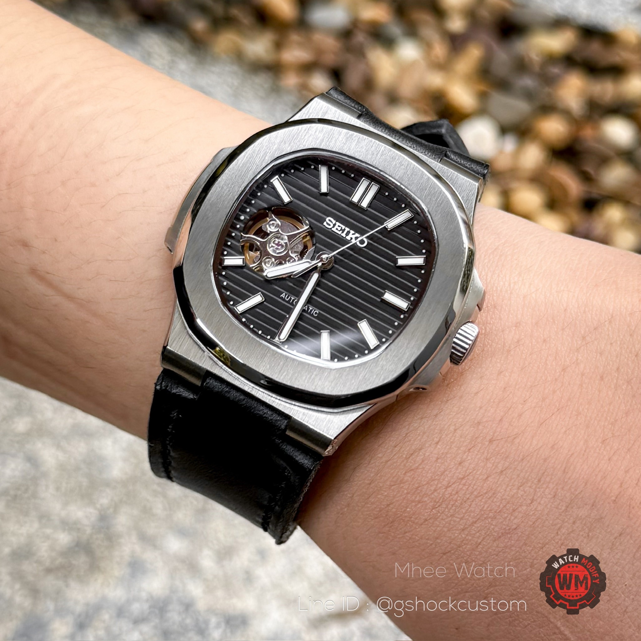 SeikoMod Open Heart Nautilus Design Black Dial Leather Strap NH38 Movement