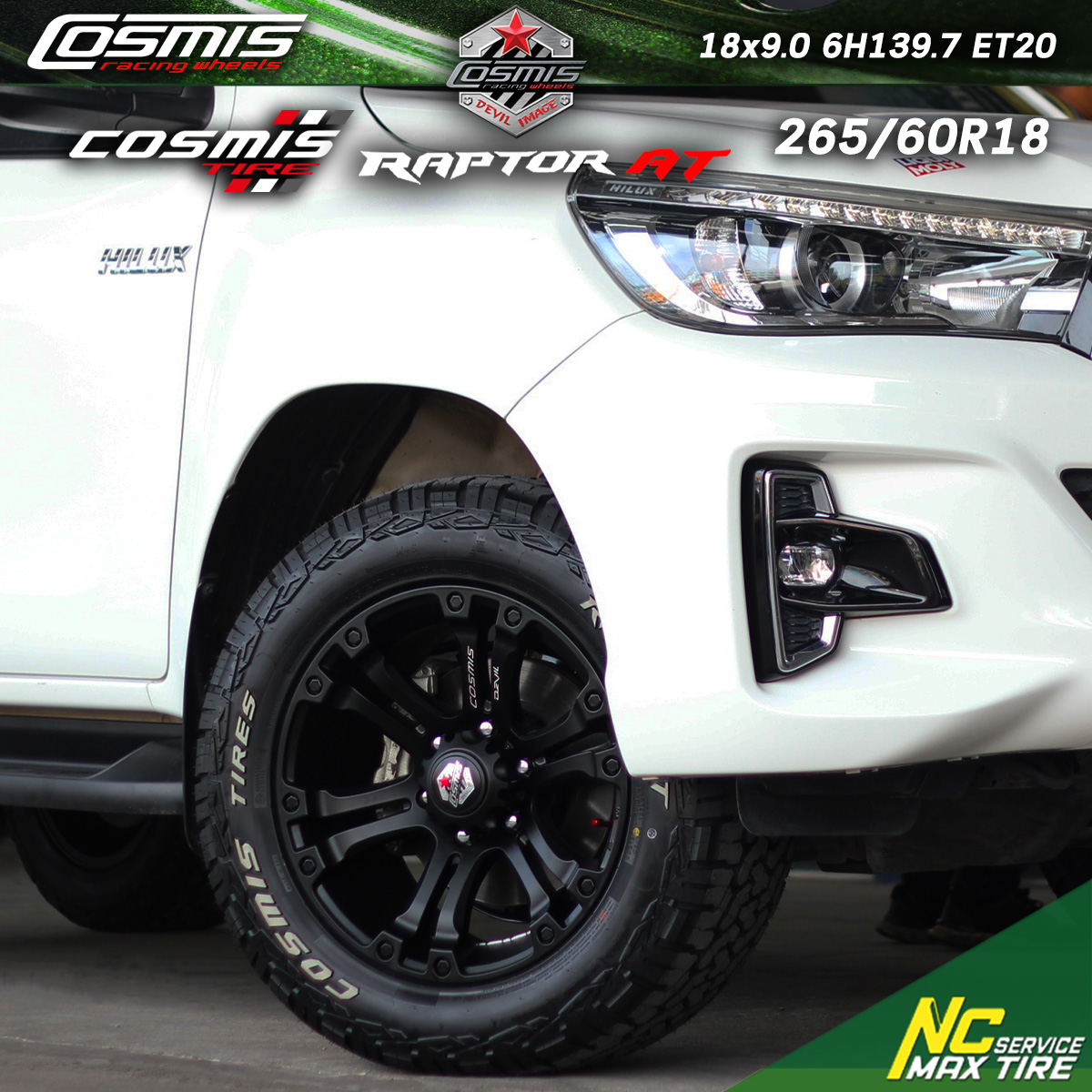 Toyota Hilux Revo ตัวสูง / ล้อแม็กขอบ18 / Cosmis / Devil / JUMP / ล้อแม็กสีดำด้าน / 18x9.0 6H139.7 ET20 / RaptorAT / 265/60R18
