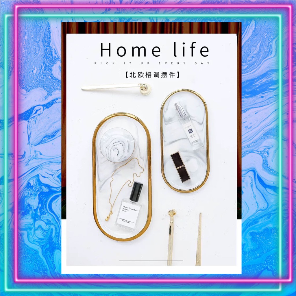 TS061D029 HOMMY ถาดวาดของ ถาดใส่อาหาร ถาดลายหินอ่อน ลายหินอ่อน ถาดขอบทอง ถาดลายหินอ่อนแบบวงรียาว