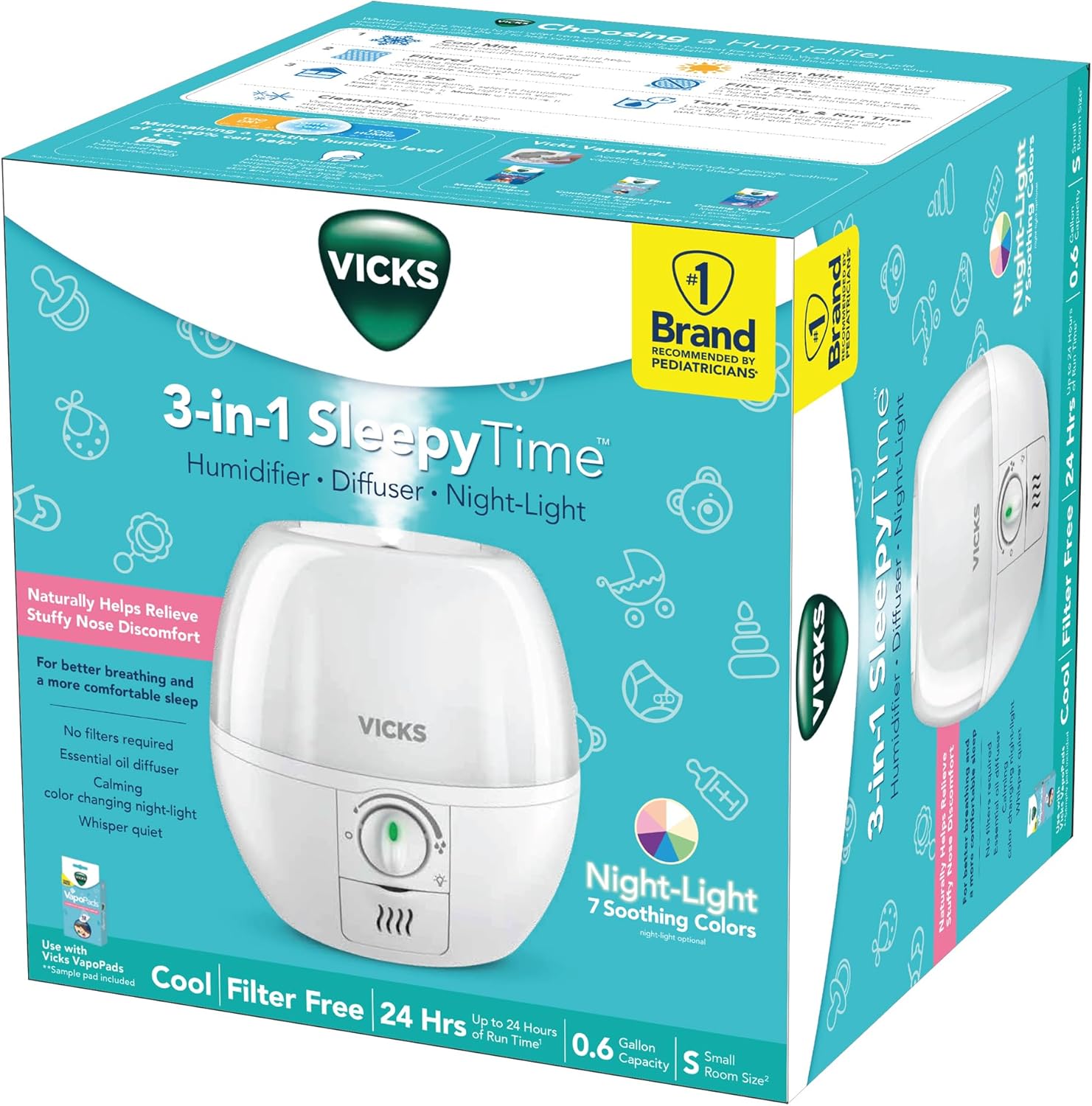 Vicks 3-in-1 SleepyTime Humidifier with Night-Light เครื่องพ่นวิค มีไฟ พร้อมที่แปลงไฟ
