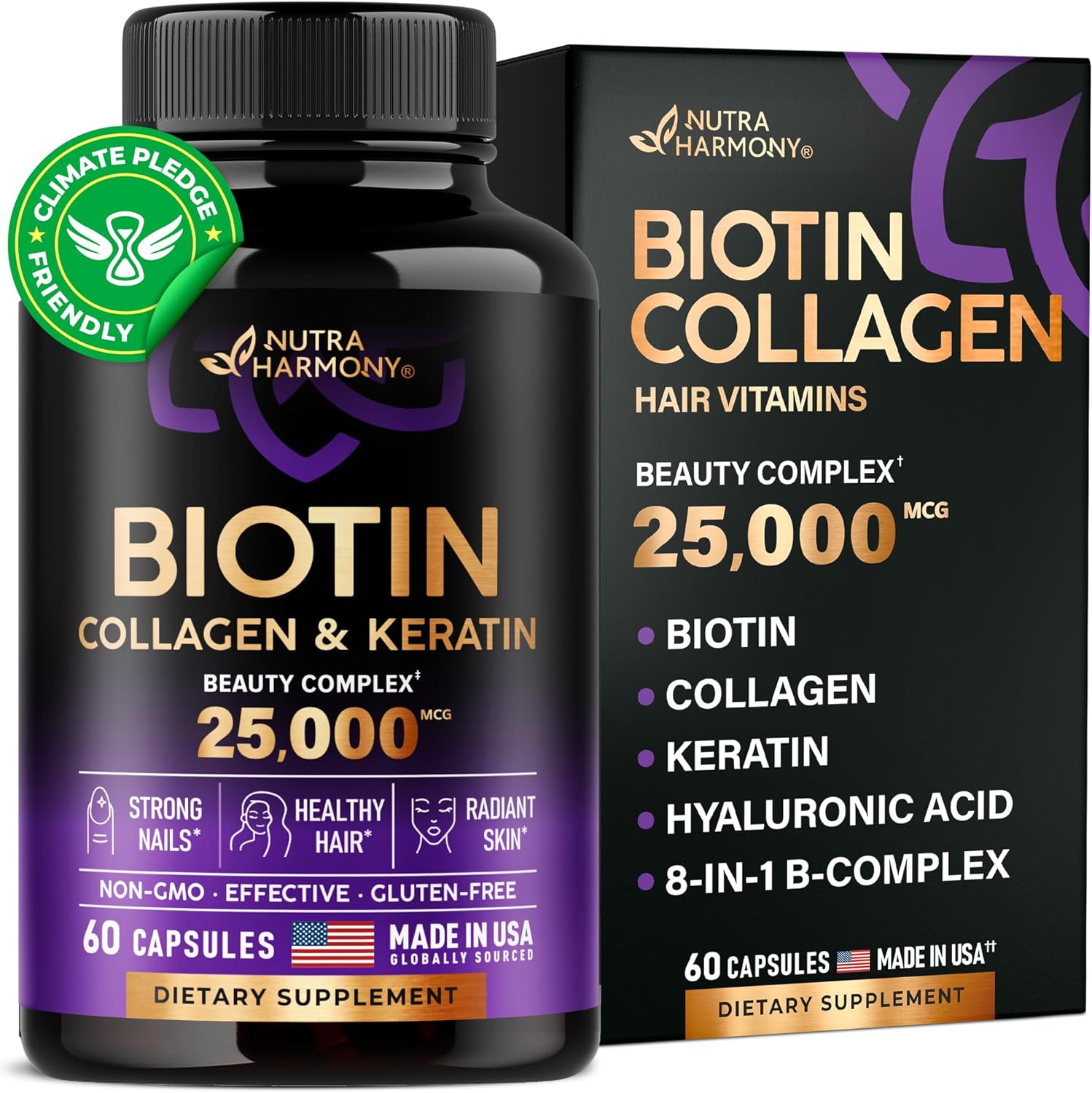 NUTRAHARMONY Biotin Collagen & Keratin Beauty Complex 25000 mcg. ไบโอติน วิตามินสำหรับเส้นผม เล็บ และผิวหนัง
