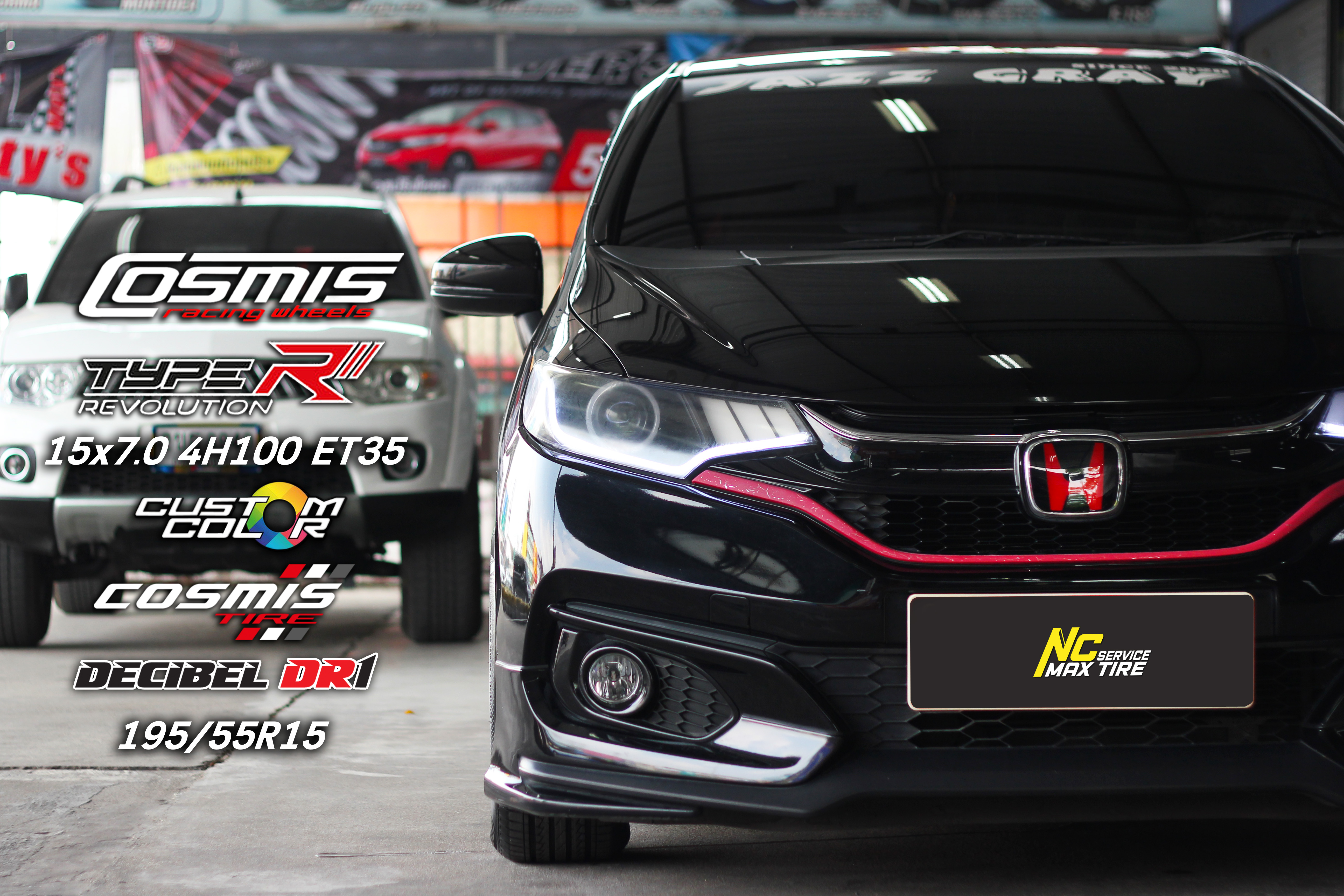 Honda Jazz / ล้อแม็กขอบ15 / Cosmis / Type-R / Revolution / 15x7.0 4H100 ET35 / ล้อแม็กสีดำเงา+CNCข้างก้านแดง+ขอบแดง+เพลท / Decibel / DR1 / 195/55R15 / Custom Color