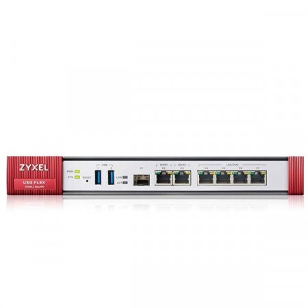 Zyxel USG FLEX 200 Firewall throughput 1,800 Mbps, เชื่อมต่อผ่าน VPN ได้พร้อมกันสูงสุด 100 users, มีพอร์ต 4 x LAN/DMZ, 2 x WAN, 1 x SFP