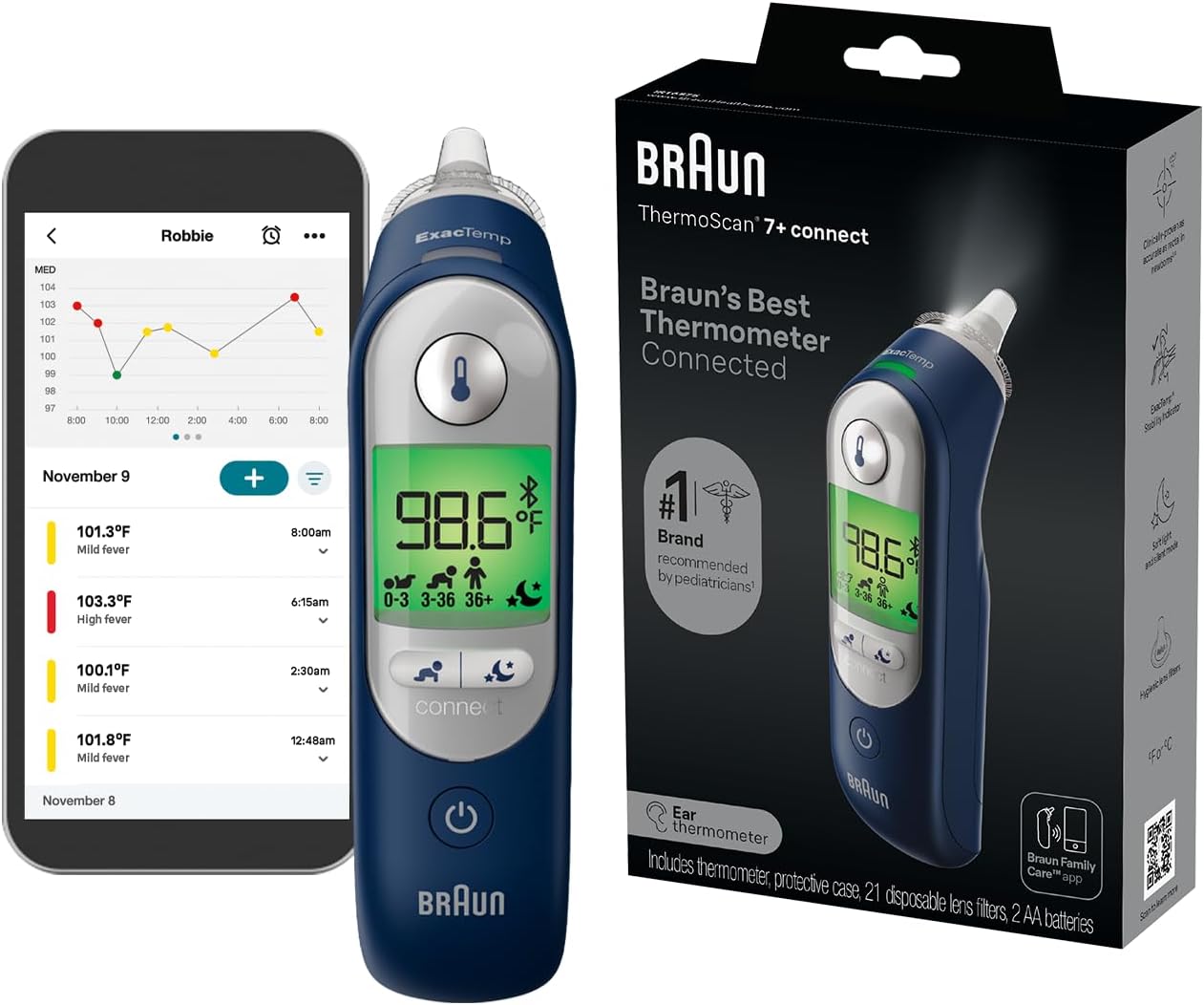 Braun ThermoScan 7+ Connect Digital Ear Thermometer เทอร์โมมิเตอร์วัดไข้ทางหู พร้อมระบบเชื่อมต่อแอป