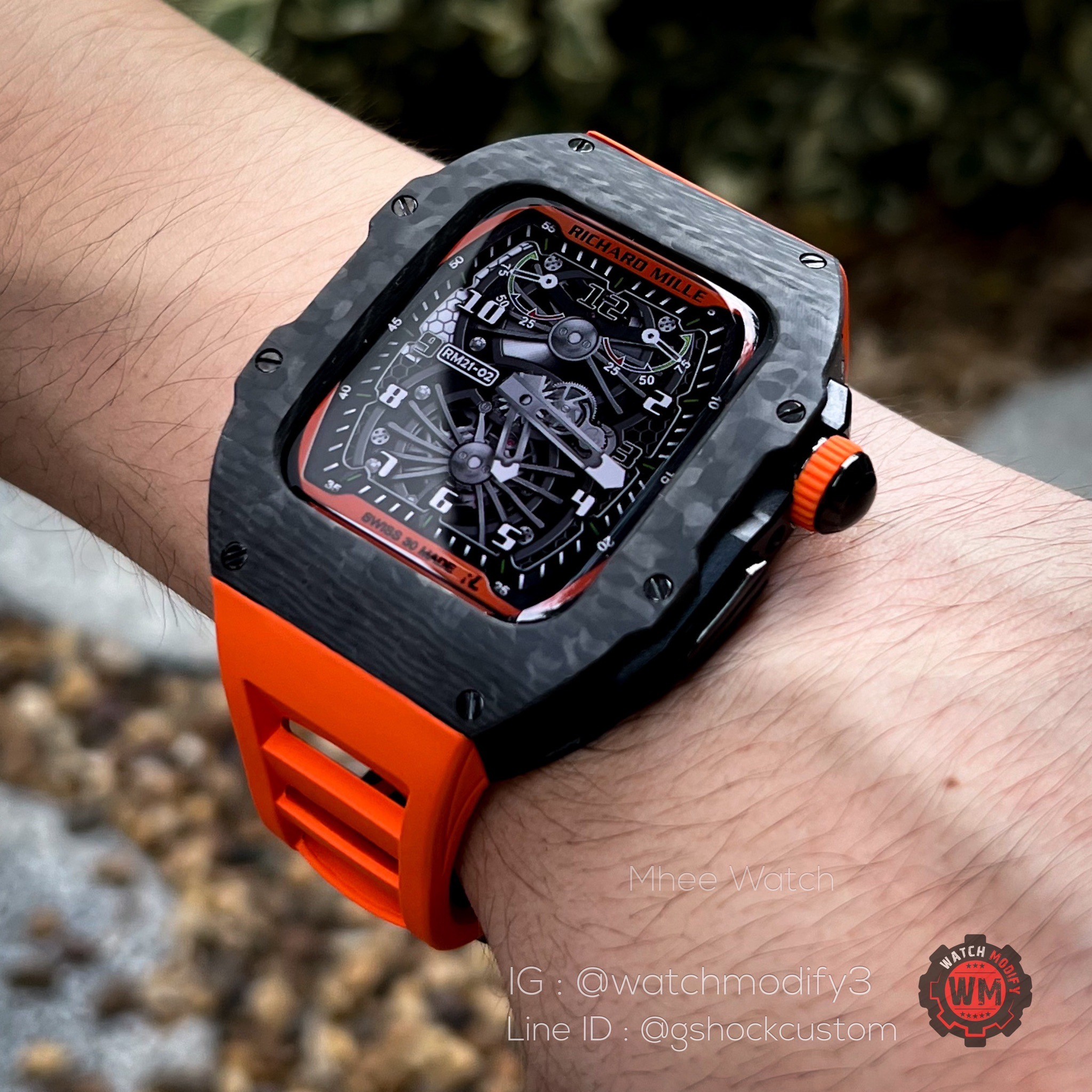 Case Apple Watch Band Real Black Carbon Fiber With Orange Rubber Straps for 44,45MM