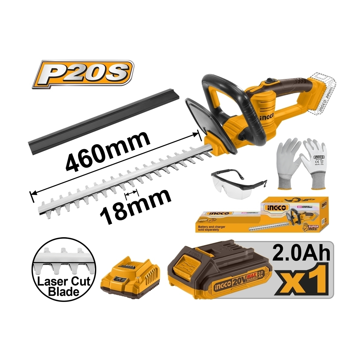 INGCO เครื่องตัดแต่งพุ่มไม้ไร้สาย 20V 460 มม. รุ่น CHTLI20461 ความเร็วในการตัดสูงสุด 2800 SPM พร้อมแท่นชาร์จ (อิงโก้)