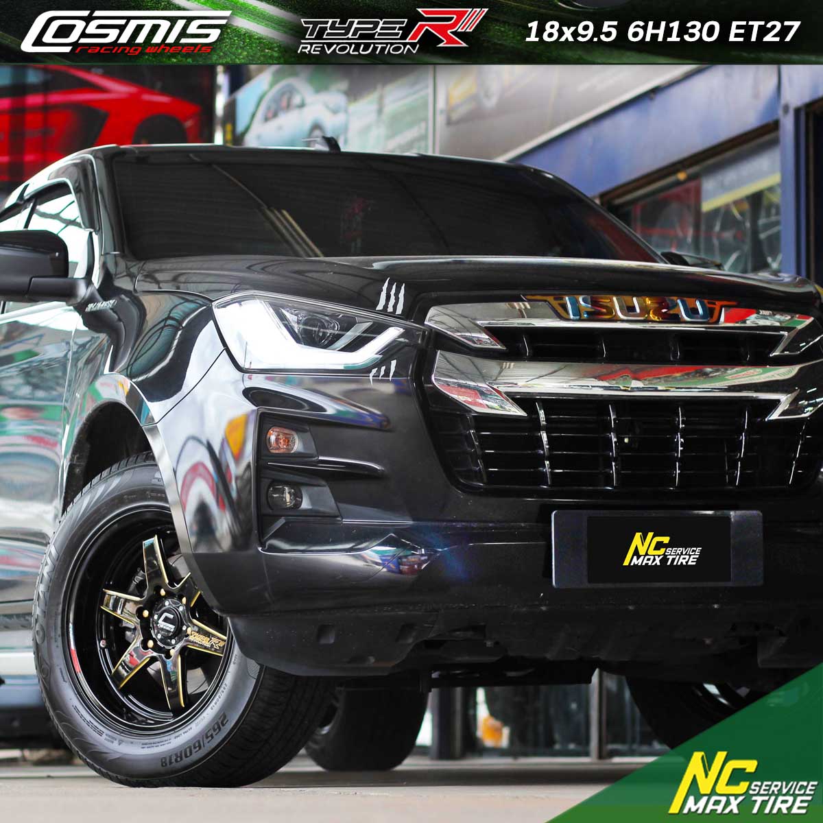NCรีวิว.EP699 ISUZU D-MAX Cosmis Wheels : Type-R Revolution 18x9.5 6H139.7 ET27 ล้อแม็กสีดำทั้งวง+CNCข้างก้านมิลเลอร์โกล์ด MIRRORGOLD น็อตCOSMIS ขนาด M12X1.5 GOLD สกรีนหัว C 24/แพ็ค