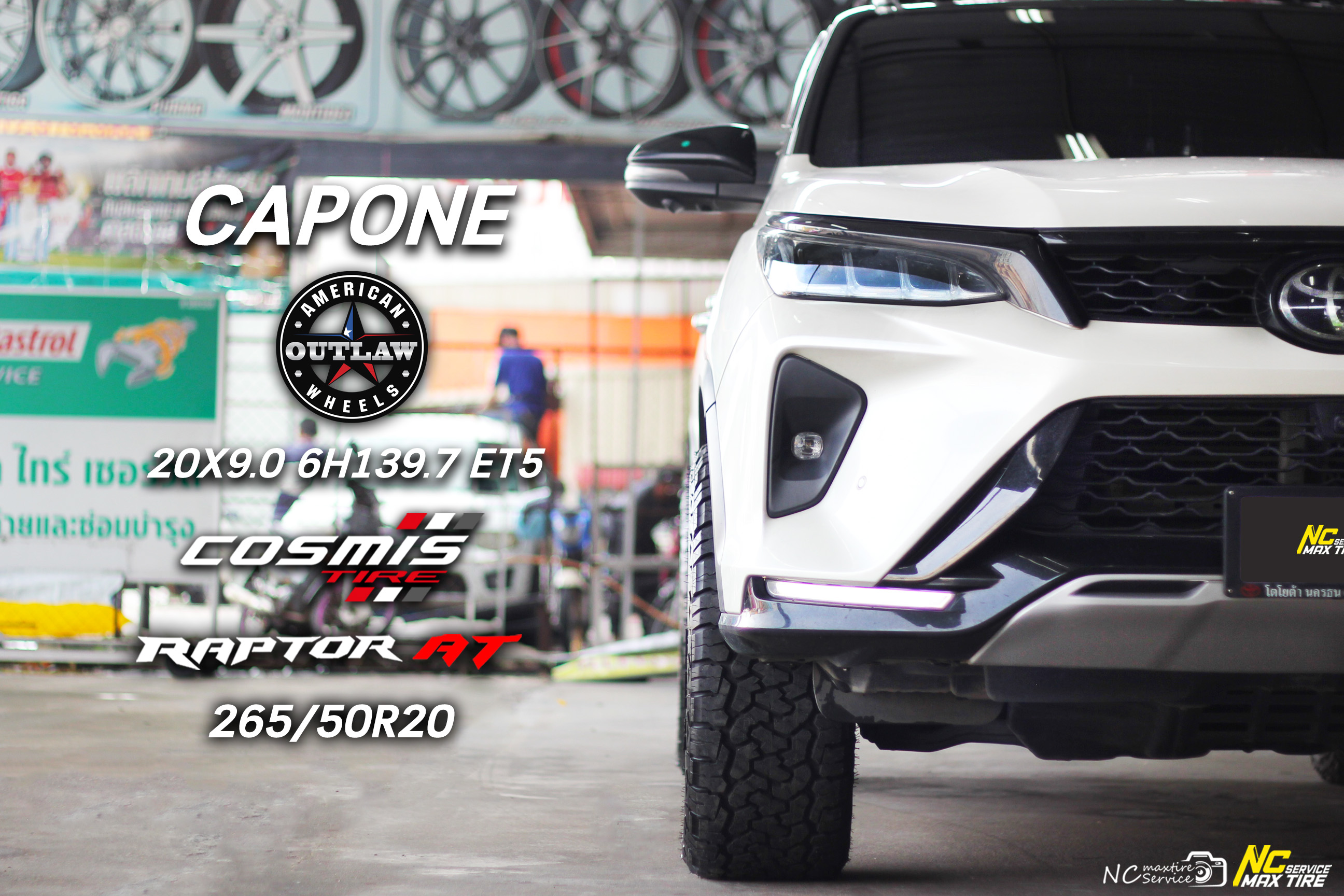 Toyota Fortuner / ล้อแม็กขอบ20 / CAPONE / AMERICAN OUTLAW / ล้อแม็กสีดำด้าน / SATIN BLACK / 20X9.0 6H139.7 ET5 / Cosmis Tire / Raptor AT / 265/50R20