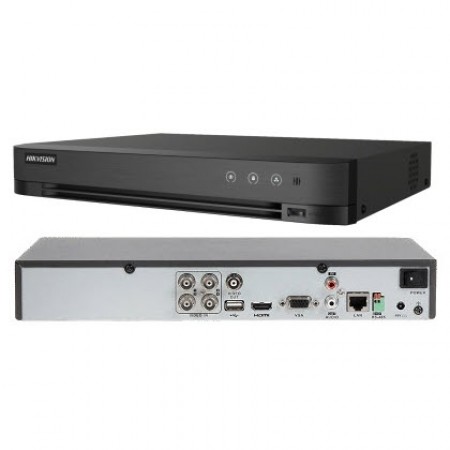 HIKVISION DS-7204HGHI-M1 TURBO HD DVR, 4-ch 720p, 1-ch IP camera 1MP, 1U H.265 DVR, Audio via coaxial cable, 1 SATA Interface HDD.