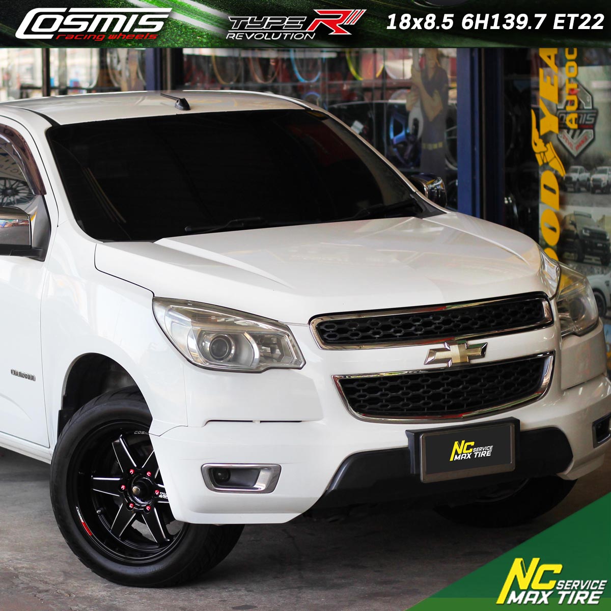 Chevrolet Corolado / ล้อแม็กขอบ18 / Cosmis / Type-R Revolution / 18x8.5 6H139.7 ET22 / ล้อแม็กสีดำเงาทั้งวงCNCข้างก้านCNCมิลลิ่งตัวหนังสือ / Cosmis Racing Gear / สีแดงตัวหนังสือสีขาว (Red Gear) / ล้อแม็กสำหรับรถกระบะ / NCล้อแม็ก / ล้อแม็กสวยๆ