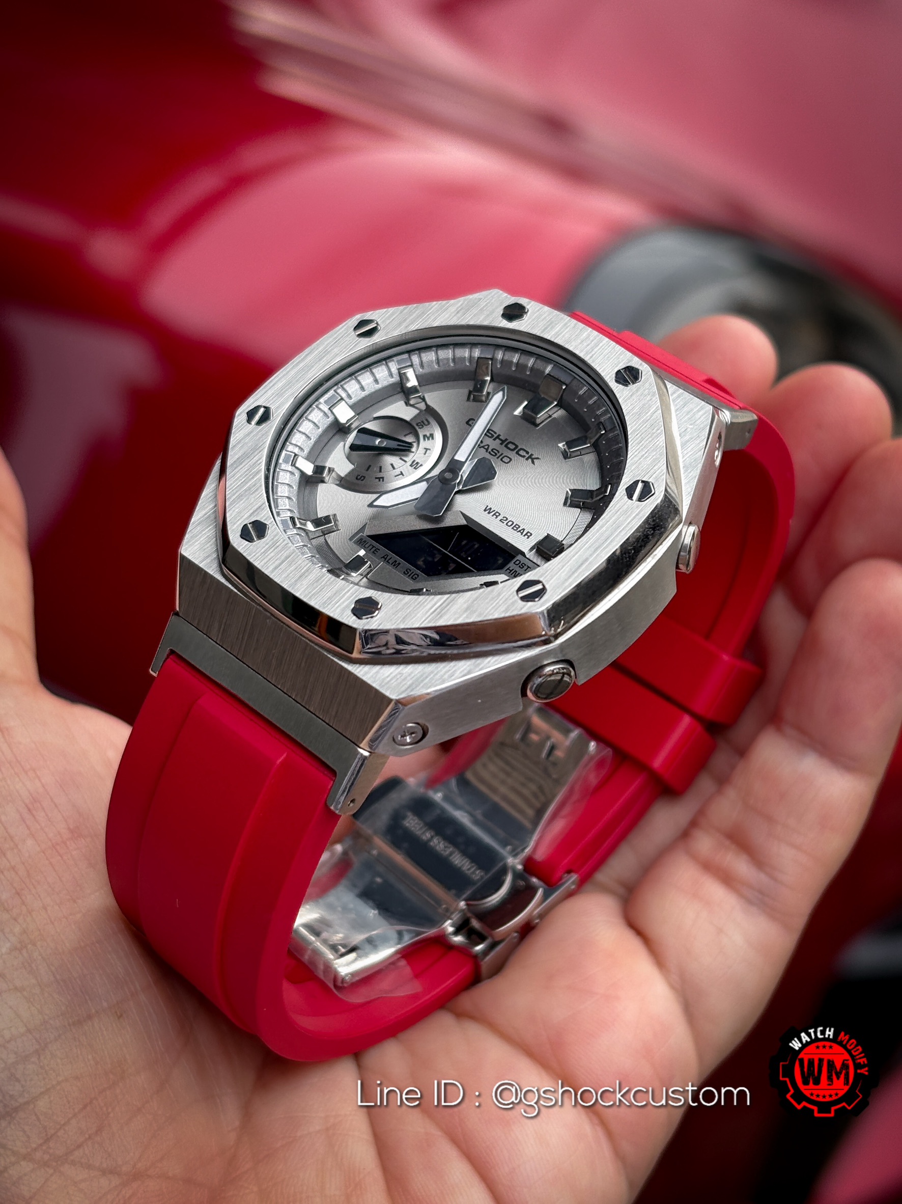 G-SHOCK Custom Casioak GA-2100SB-1A AP Design Stainless RED Rubber Strap
