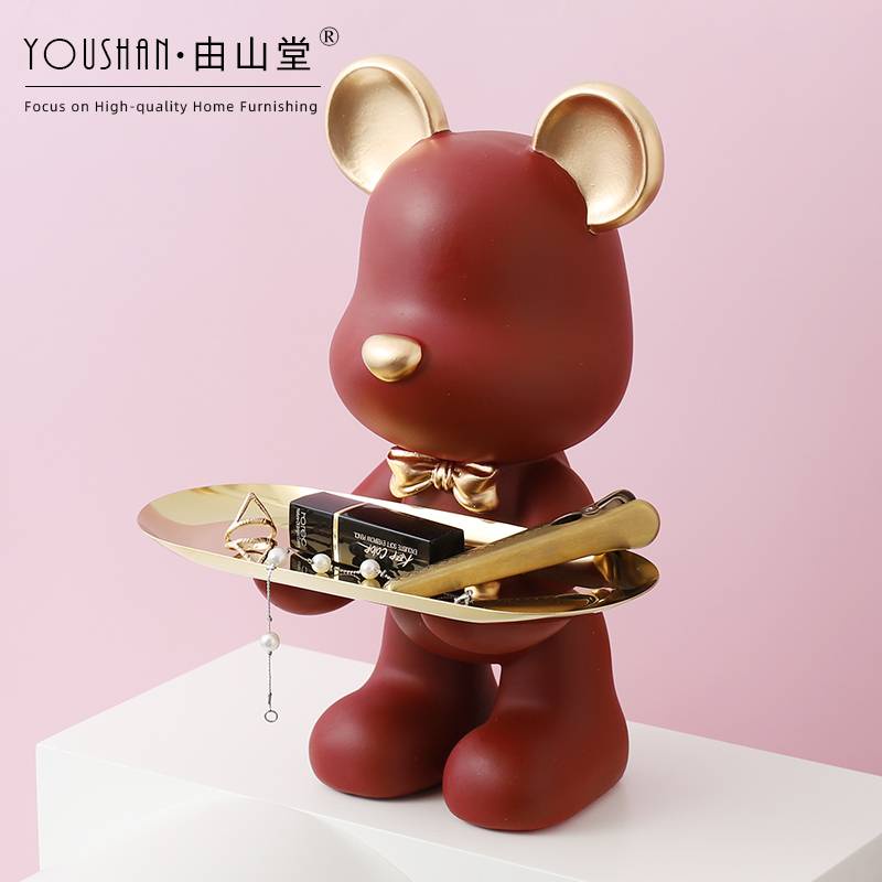 CT075D024 HOMMY หมีถือถาด โมเดลหมี หมีถือถาดยืน โมเดลหมีแต่งบ้าน ของแต่งบ้าน