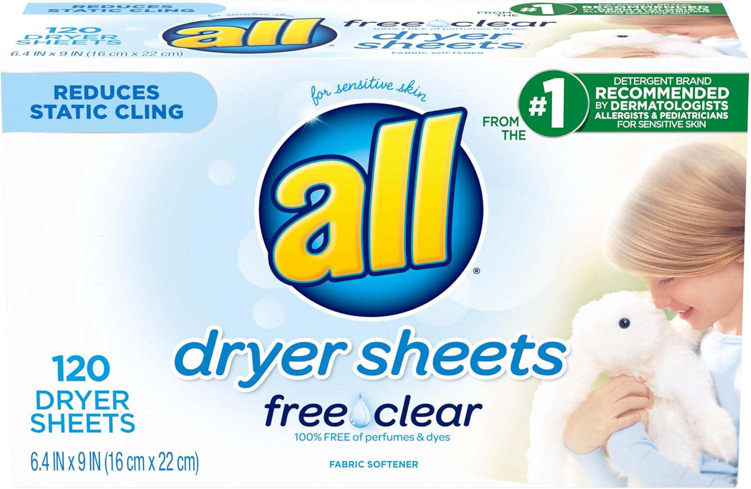 All Fabric Softener Dryer Sheets for Sensitive Skin, Free Clear แผ่นอบผ้าปรับผ้านุ่มสำหรับผิวแพ้ง่าย