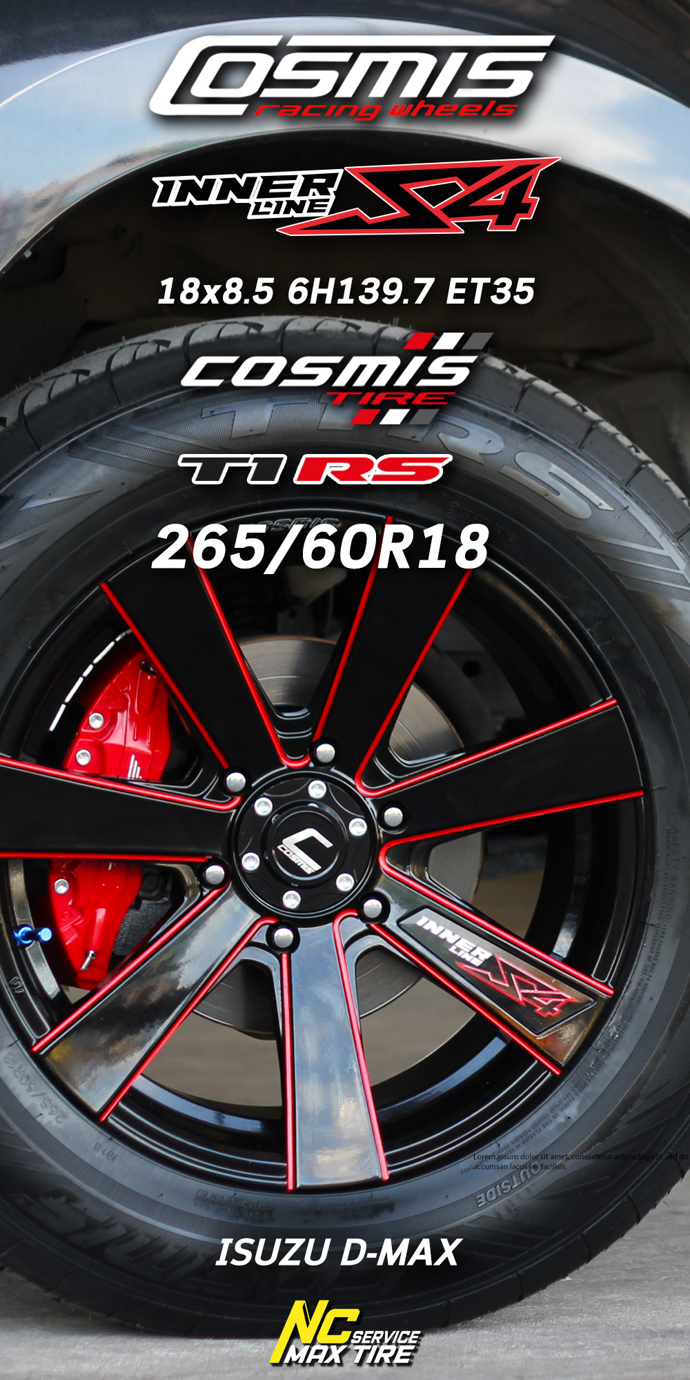 Isuzu D-max ตัวสูง / ล้อแม็กขอบ18 / Cosmis / InnerlineS4 / ล้อแม็ก7ก้านทรงใบพัด / ล้อแม็กสีดำCNCข้างก้านแดง / 18x8.5 6H139.7 ET35