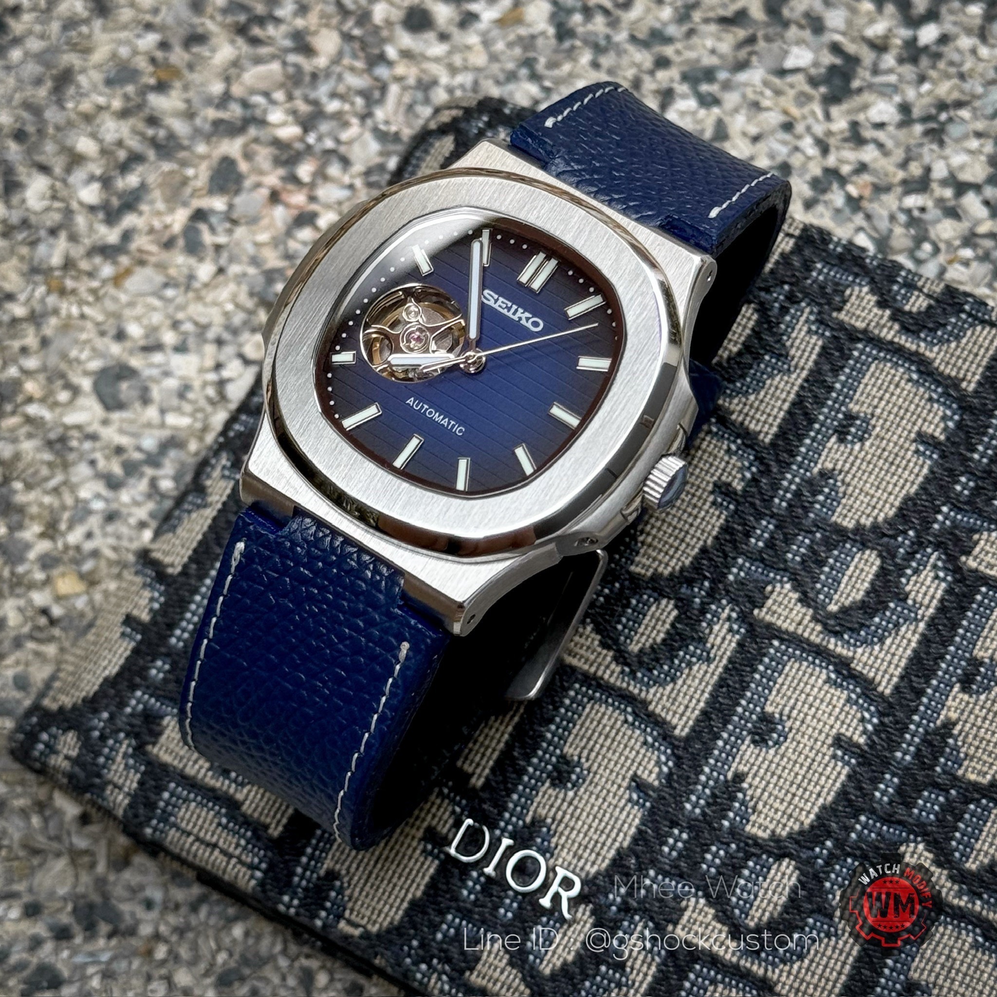 Seiko Mod Open Heart Nautilus Design Blue Dial Epsom Leather Strap