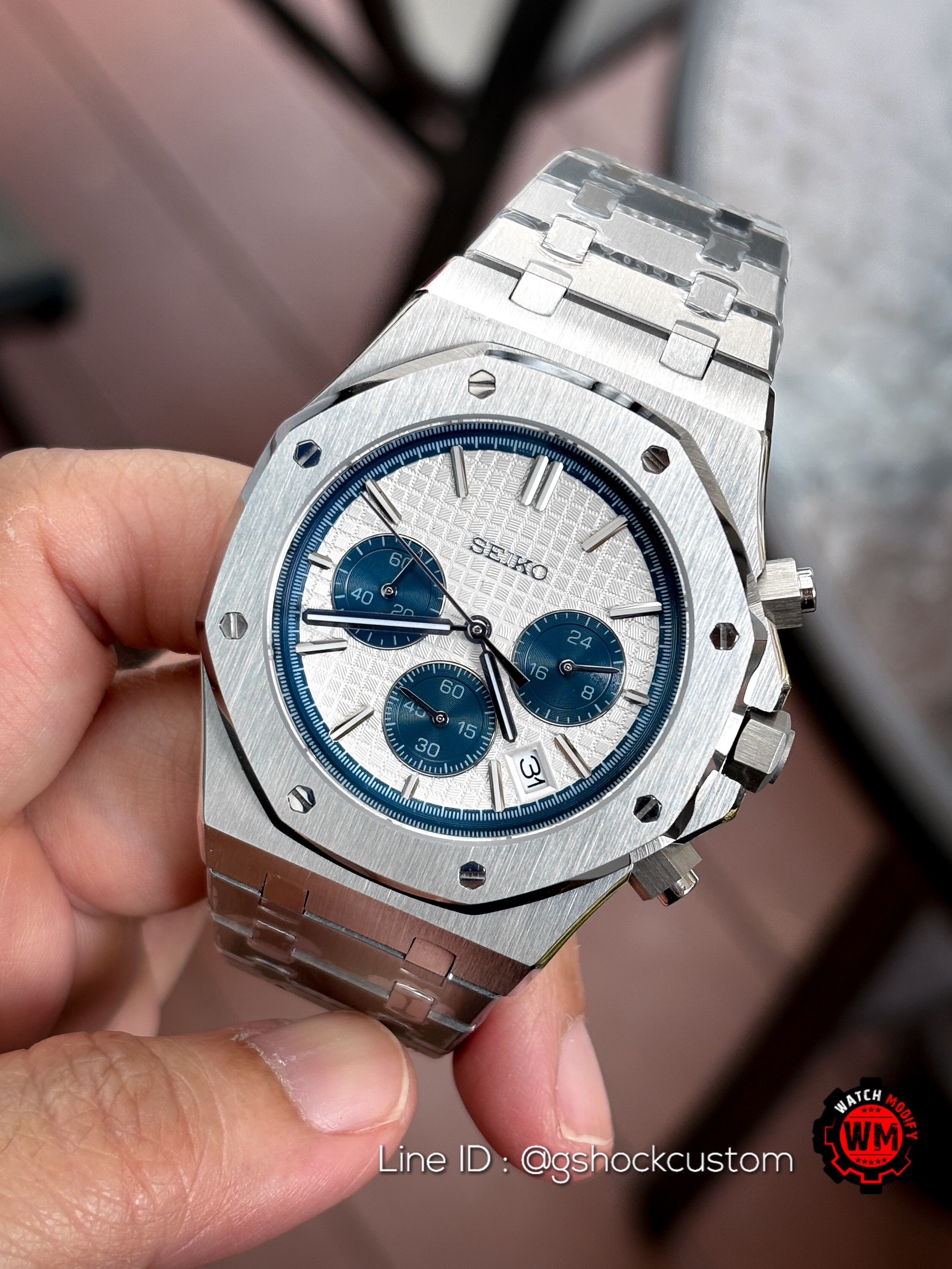 Seikomod Royal Oak Style Selfwining Chronograph Silver Metal Strap