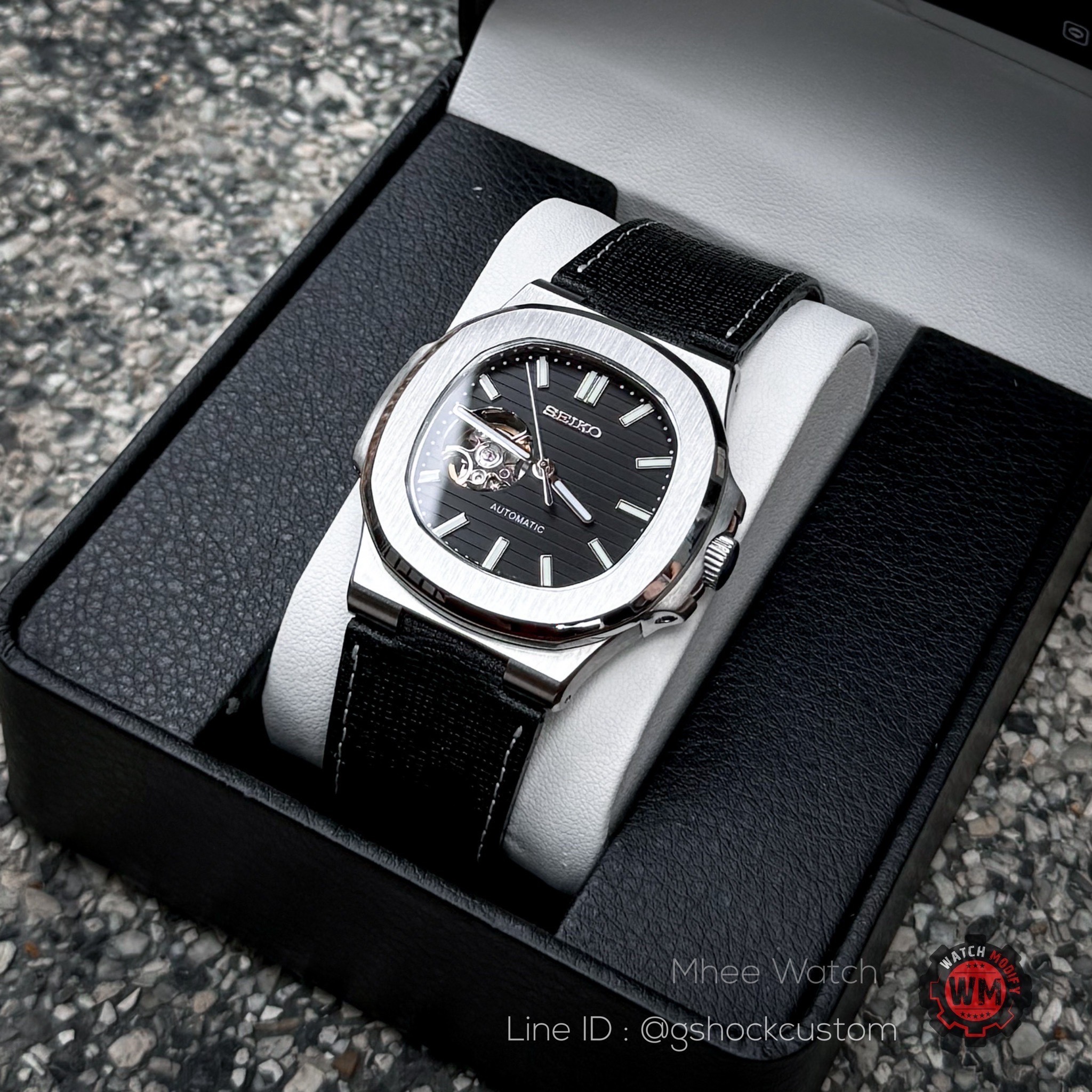 SeikoMod Open Heart Black Dial Saffiano Prada Leather Strap