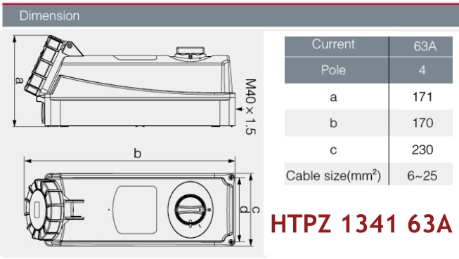 "DAKO Plug" HTPZ1341 เต้ารับพร้อมสวิทช์อินเตอร์ล็อคกันน้ำ 3P+E 63A 400V IP67