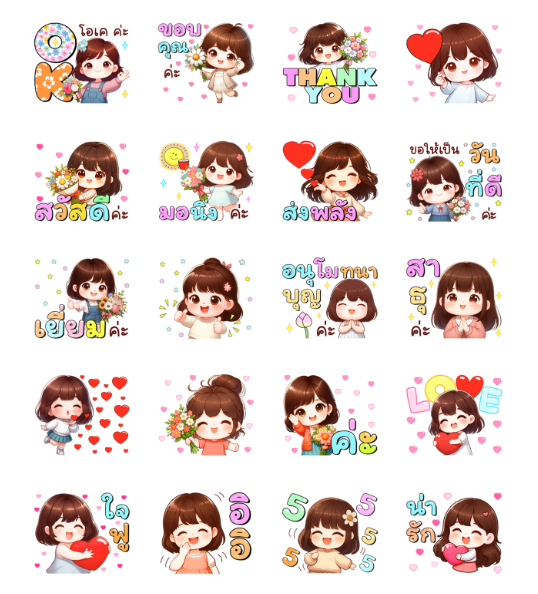 ขายสติกเกอร์ไลน์ นู๋แก้มพวง กับ ดอกไม้ พาสเทล Daily Joys