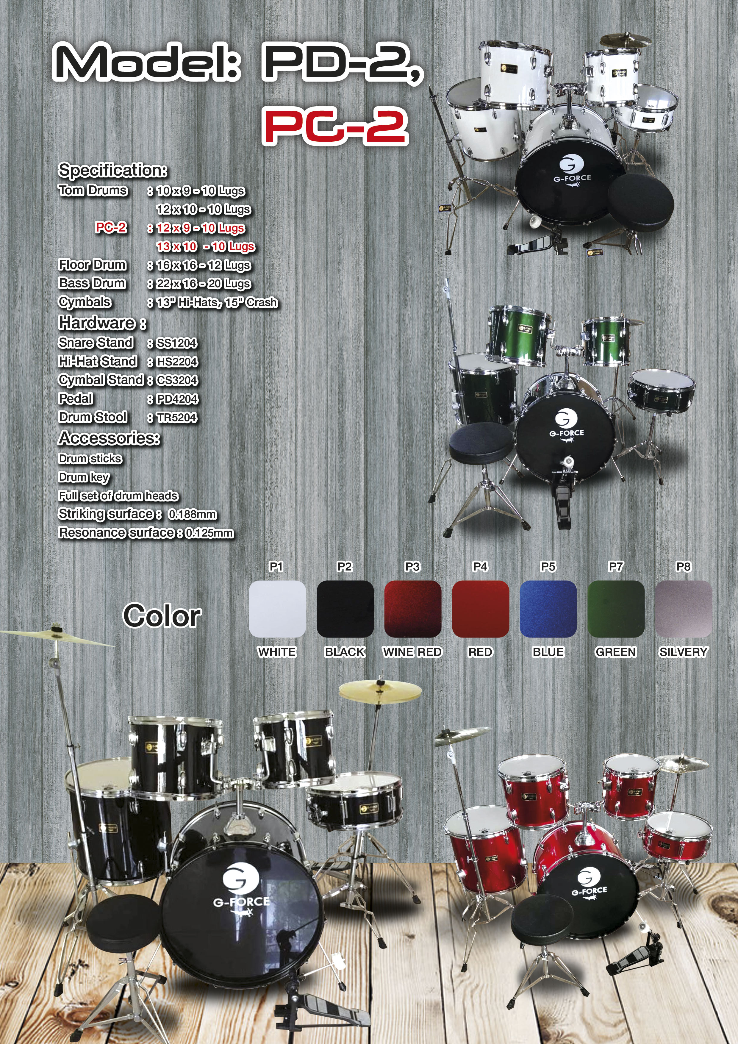 G-Force กลองชุด ขอบโครเมียม PD-2 ดำ P2 (10,12) GGF-1PD2(BK)