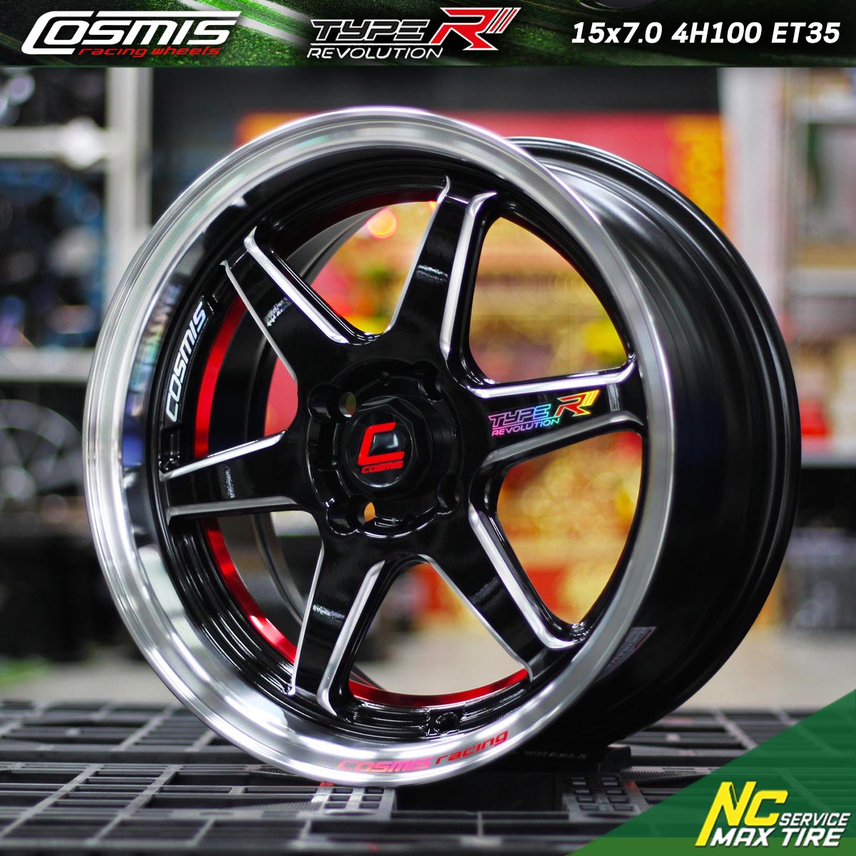 ล้อแม็กขอบ15 / Cosmis / Type-R Revolution / 15x7.0 4H100 ET35 / ล้อแม็กสีดำขอบเงา+CNCข้างก้าน+เส้นใต้ท้องแดง+เพลท / ล้อแม็กสวยๆ / ล้อแม็กสำหรับรถเก๋ง / City Car / Eco Car / NC