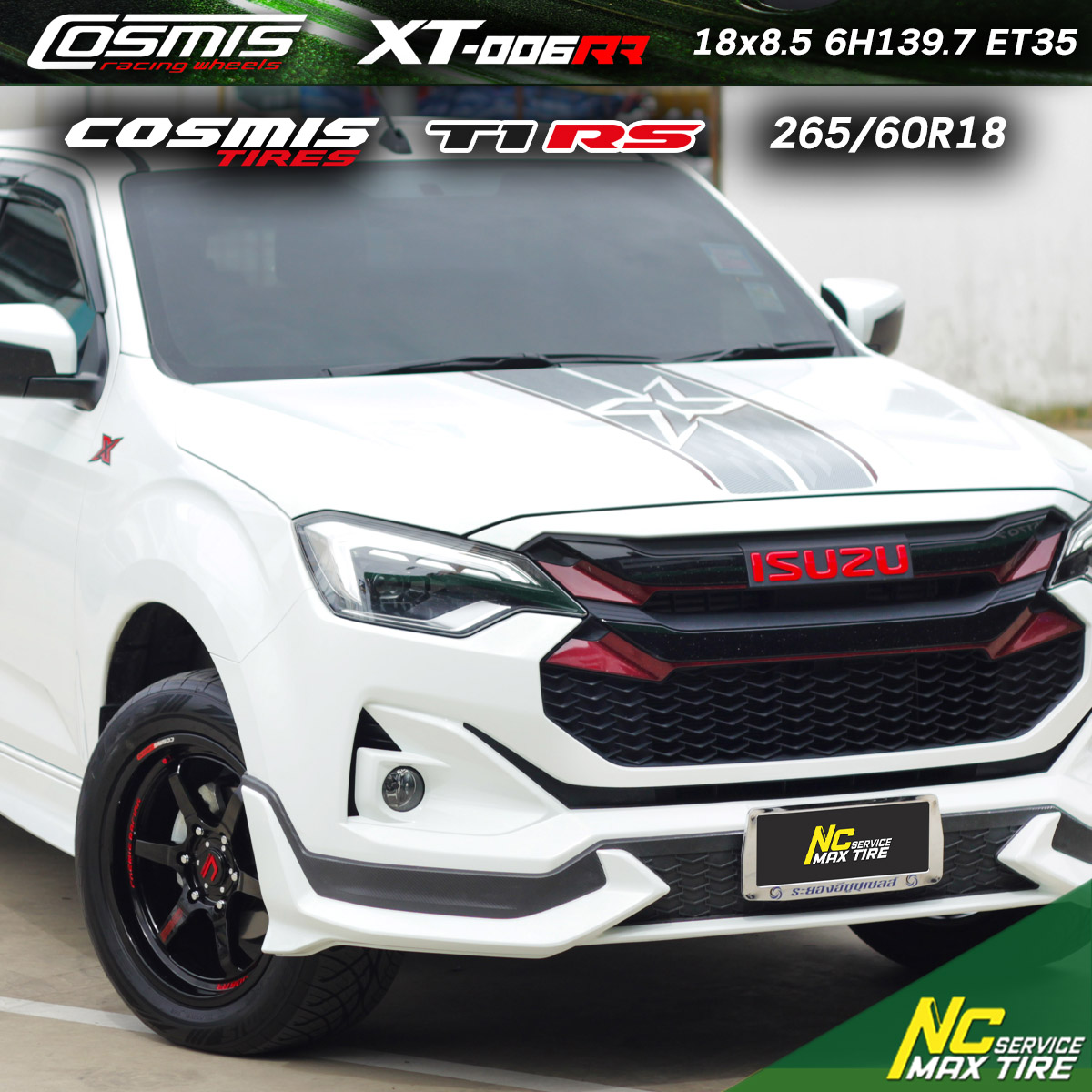 NCชลรีวิว.EP297 ISUZU D-MAX Cosmis : XT-006RR 18x8.5 6H139.7 ET35 ล้อแม็กสีดำทั้งวง+มิลลิงข้างก้านแดง+มิลลิ่งข้างก้านตัวหนังสือ Cosmis Tire : T1RS - 265/60R18 XT_Siries