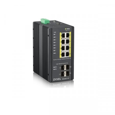 Zyxel RGS200-12P Industrial 12-port Gigabit Managed High Power PoE+ Rugged Switch 8-port Gigabit PoE+ 4-port Gigabit SFP จ่ายไฟได้สูงสุด 30 watt/port