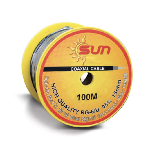 สาย RG6 / ชิลด์ 95% สีขาว ลวดชุบทองแดง ยาว 100 เมตร SUN