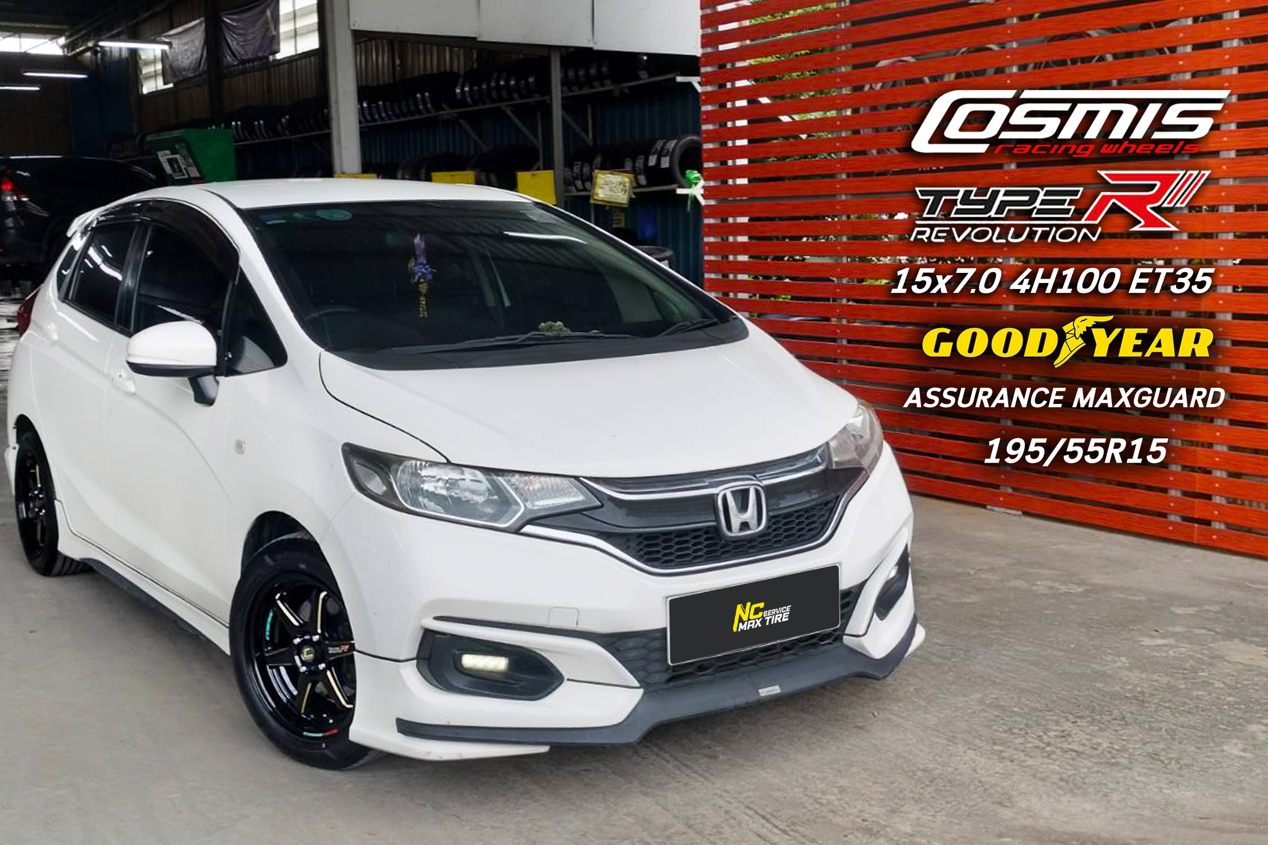 Honda Jazz / ล้อแม็กสำหรับเก๋งซิตี้คาร์ / อีโค่คาร์ / CityCar / EcoCar / ล้อแม็กขอบ15 / Cosmis / Type-R / Revolution / 15X7.0 4h100 ET35 / Goodyear / ASSURANCE MAXGUARD / 195/55R15