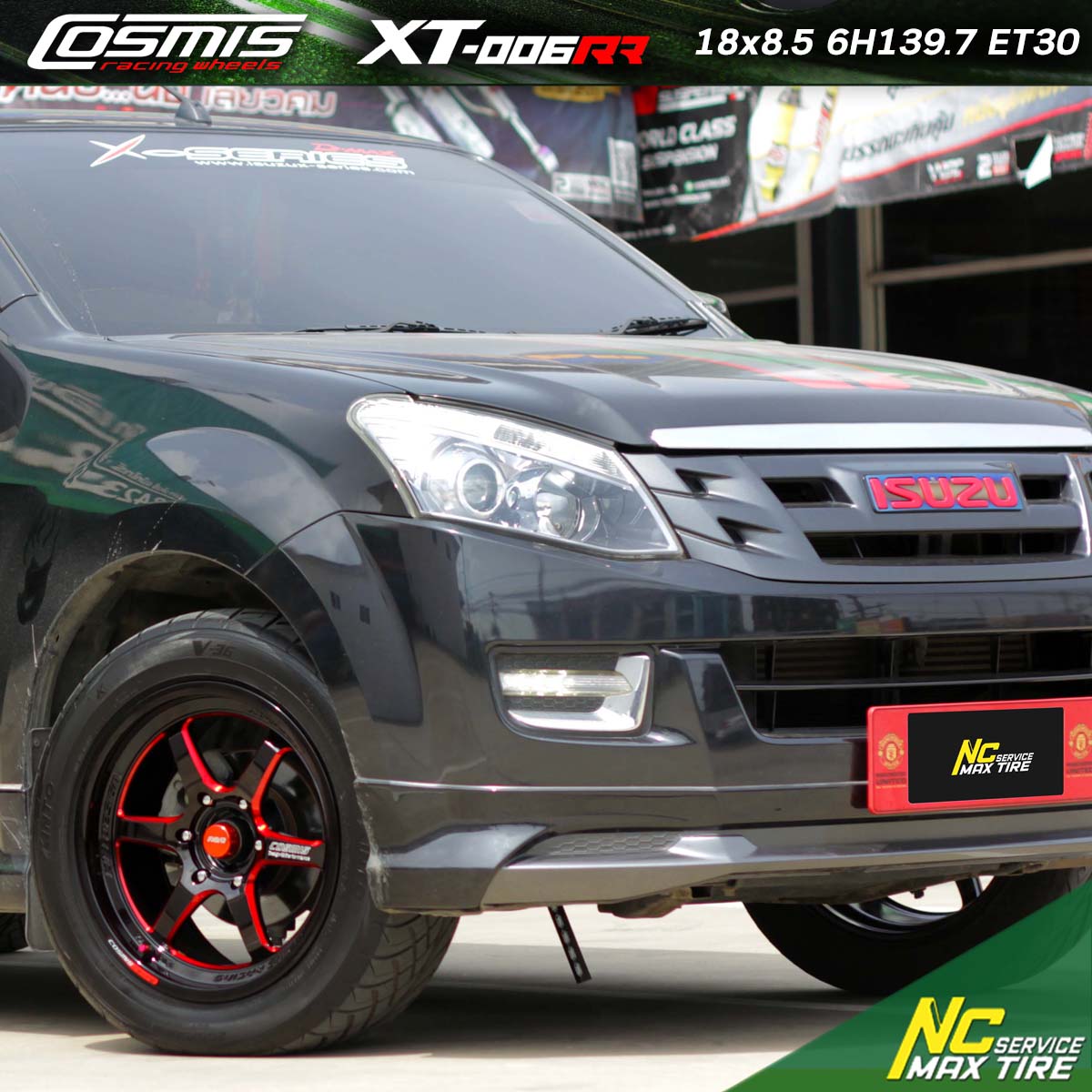 NCชลรีวิว.EP294 ISUZU D-MAX Cosmis : XT-006RR 18x8.5 6H139.7 ET30 ล้อแม็กสีดำทั้งวง+มิลลิงข้างก้านแดง+มิลลิ่งข้างก้านตัวหนังสือ XT_Siries