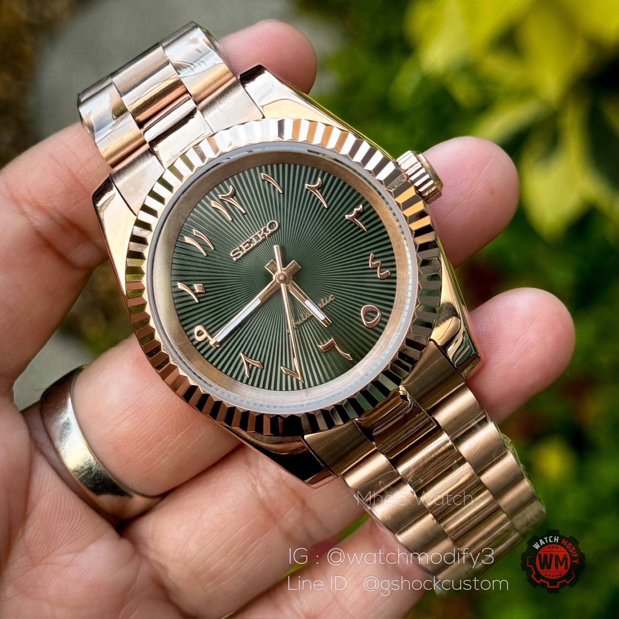 SeikoMod Datejust Green Rosegold Arabic Dial President Bracelet 36,39MM