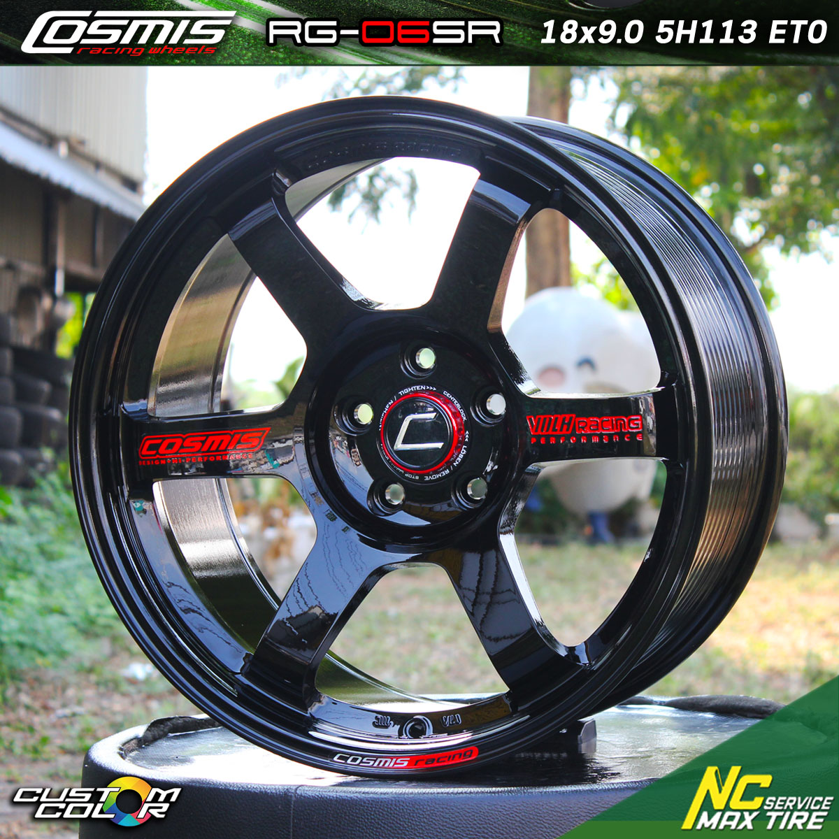 ล้อแม็กขอบ18 / ล้อแม็กสวยๆ / Cosmis / RG-06SR / 18x9.0 5H113 ET0 / ล้อแม็กสีดำเงาพิเศษทั้งวง+หยอดตัวหนังสือแดง+เพลท / ล้อแม็กสีพิเศษ / Custom Color / NC
