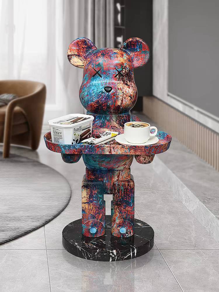 CT221D124 ZEITAKU โต๊ะข้างห้องนั่งเล่น โต๊ะกลมเล็ก หมีถือถาด BEAR