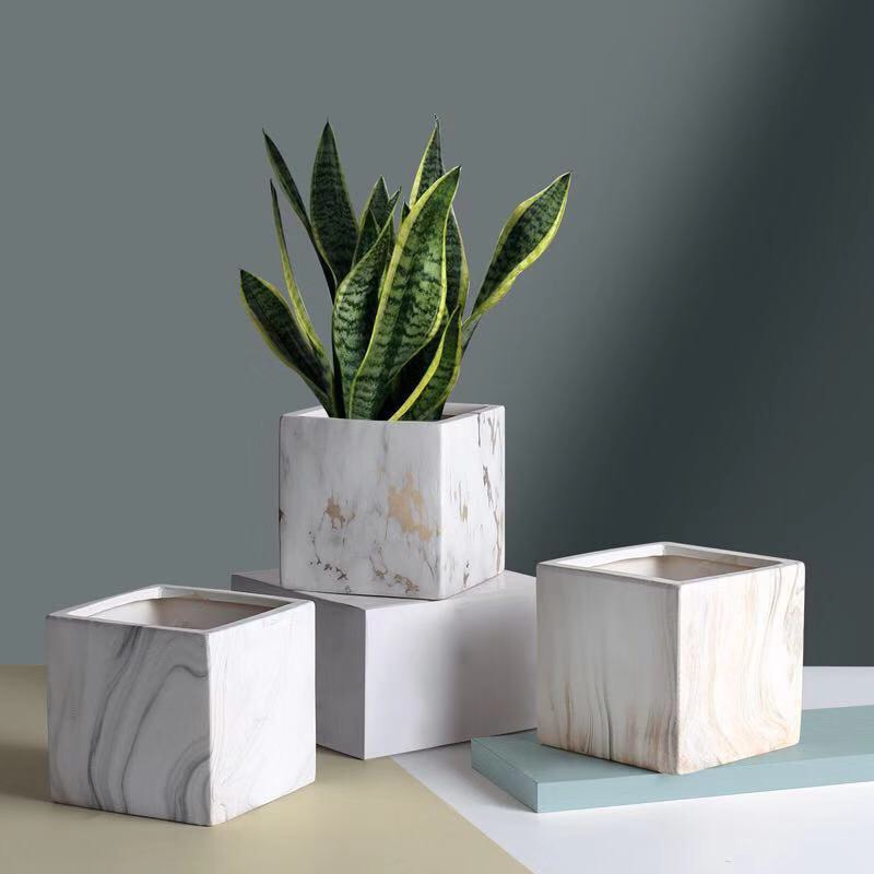 TS061J006 TROPACL กระถางลายหินอ่อน แซมสีทองเทา กระถางลายหิน กระถางต้นไม้ กระถางสวยๆ MARBLE PLANT POT