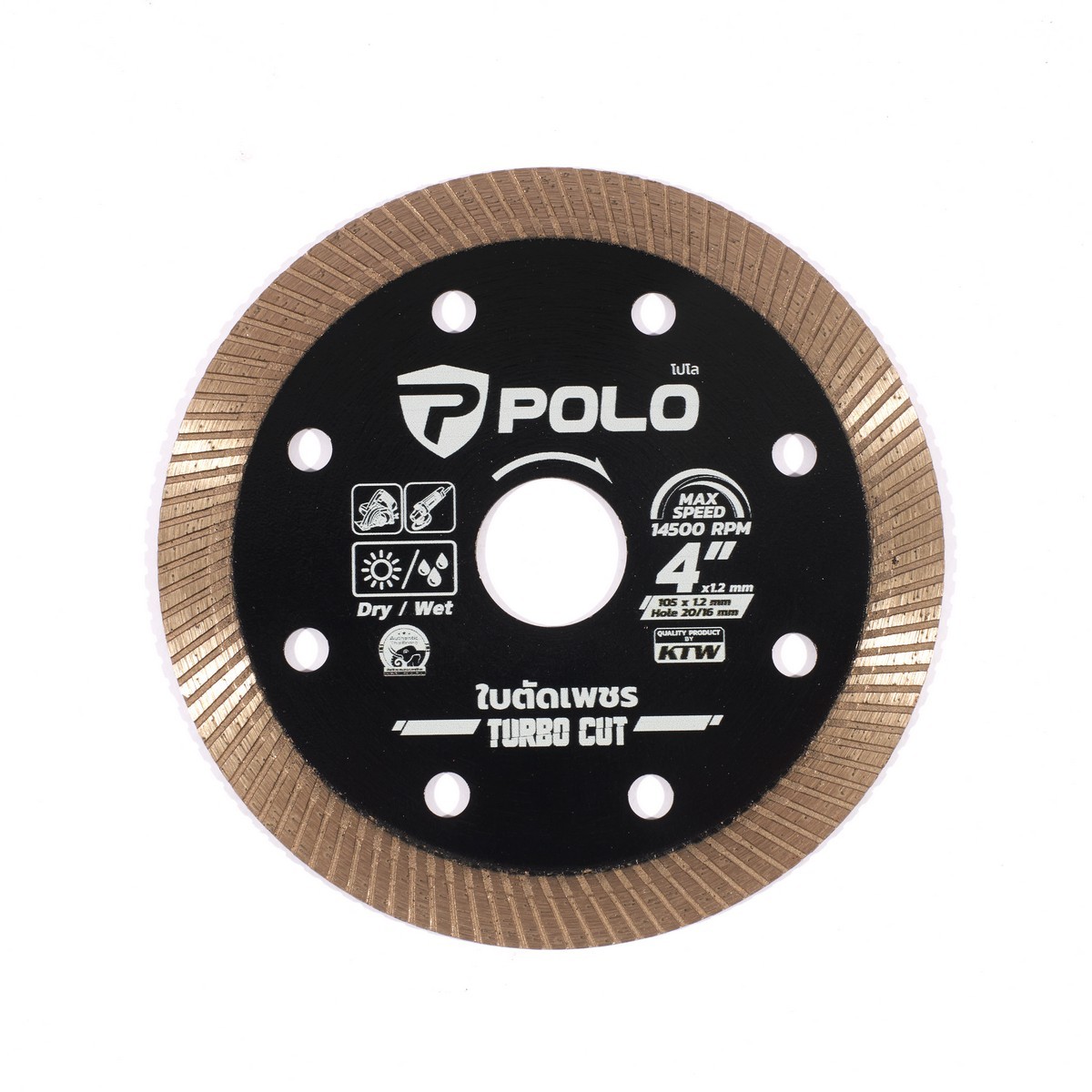 POLO ใบเพชร 4 นิ้ว เทอร์โบ บาง 1.2 มม. ฟันสูง 10 มม. รุ่น Turbo Cut สำหรับ ตัดแห้ง และ ตัดน้ำ ใช้ตัดกระเบื้อง, คอนกรีต, หินอ่อน, หินแกรนิต