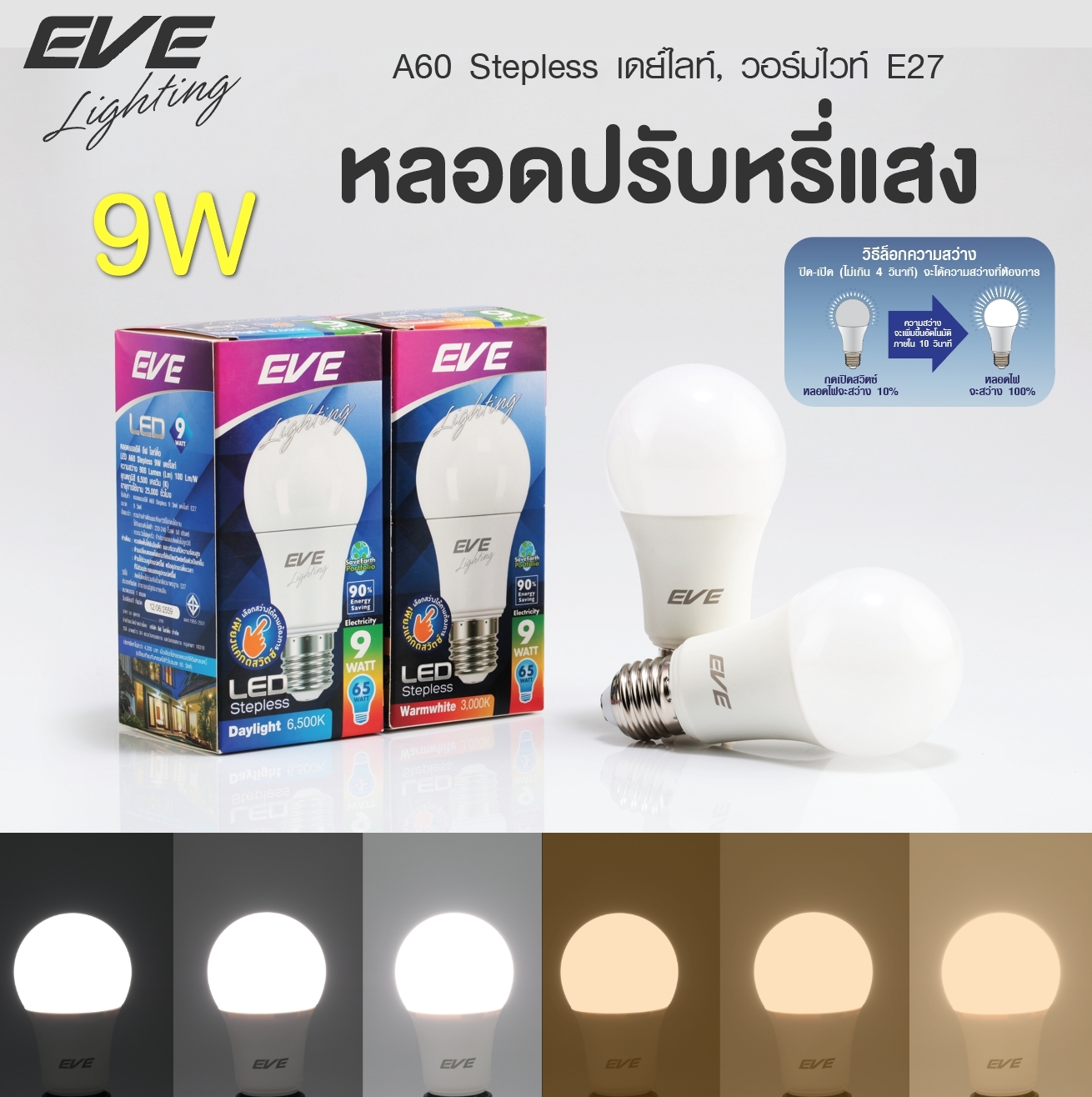LED A60 Stepless Dimmable bulb 9W หรี่แสงได้ ใช้ร่วมกับสวิตซ์ปิด-เปิดทั่วไป เลือกความสว่างได้ หลอดแอลอีดี หรี่แสง ขนาด 9 วัตต์