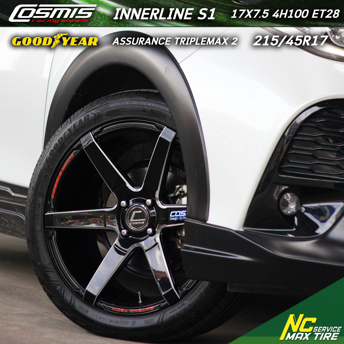 Toyota Yaris / ล้อแม็กขอบ17 / Cosmis / Innerline S1 / สีดำทั้งวงมิลลิ่งข้างก้าน / 17X7.5 4H100 ET28 / Goodyear / Assurance Triplemax2 / 215/45R17