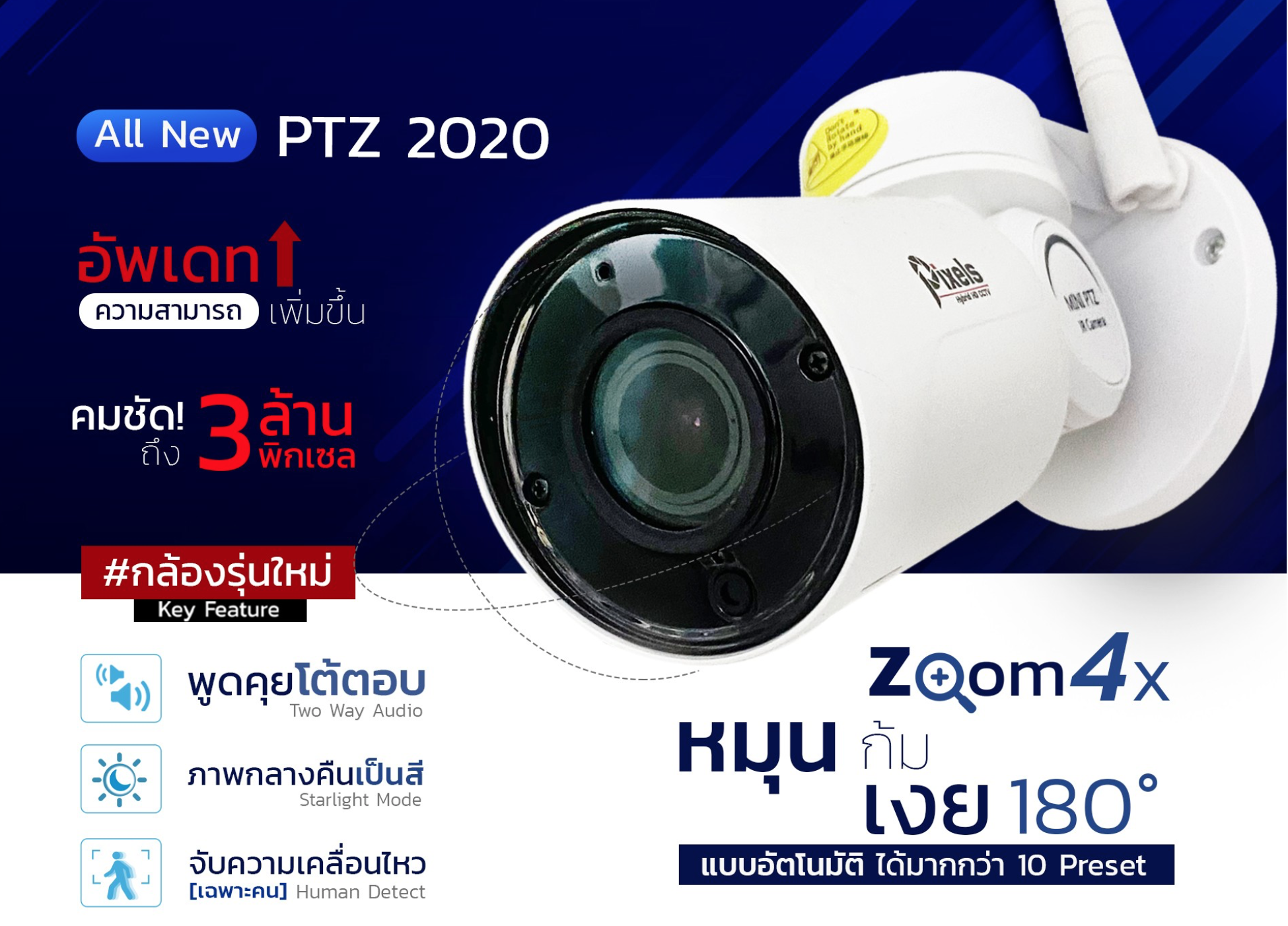 กล้องวงจรปิดไร้สาย Pixels WIFI KITS X SERIES ZOOM 3+1 กล้องวงจรปิดไร้สาย ชุด 4 ตัว รุ่นซูม ความละเอียด 3 ล้านพิกเซล หมุน 180° ซูม มีระบบแจ้งเตือนผ่าน LINE กันน้ำมาตรฐาน IP66 บันทึกย้อนหลังได้ 30 วัน