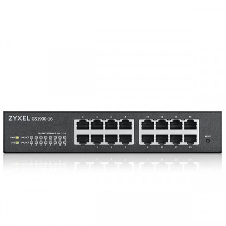 Zyxel GS1900-16 16-port GbE Smart Managed Desktop Switch รองรับ การทำ VLAN, QoS, Link Aggregation, 802.1x, CPU defense engine และ DoS prevention Rack-mount kit for installing 19" rack